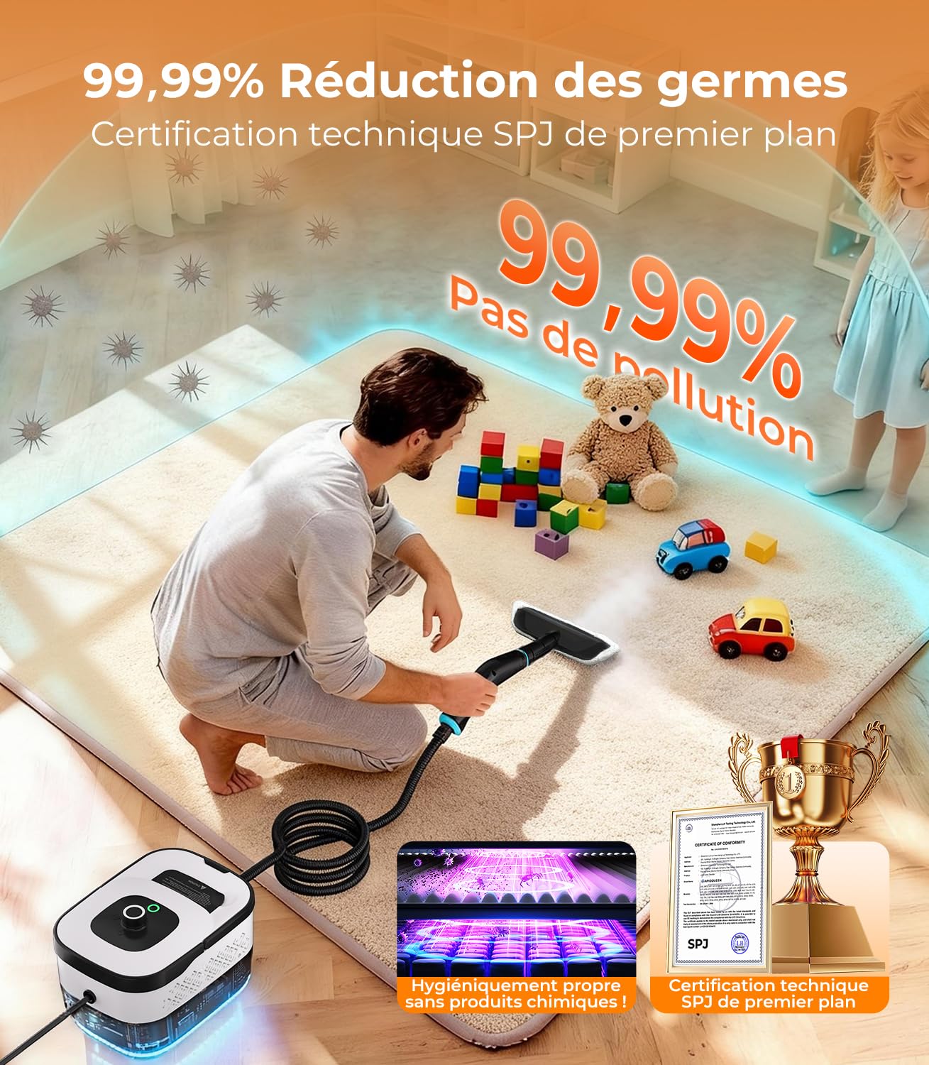 18-IN-1 Nettoyeur Vapeur【99,99% Germes Éliminés–Technologie Allemande SPJ】【Vapeur Turbo 9s – Système Intelligent Turbo Steam】Nettoyeur Vapeur Polyvalent,Balai Vapeur pour Sol– Maison et Cuisine