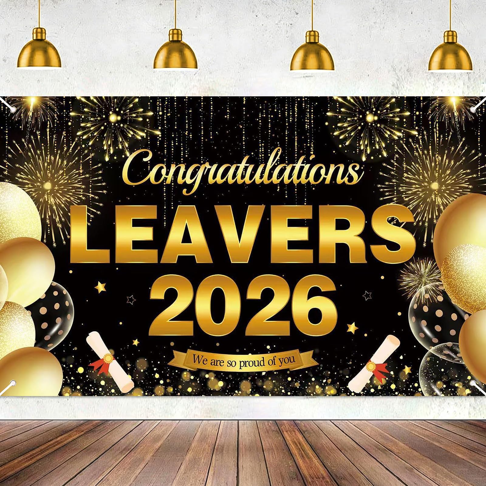 2026 Graduation Banner, Congratulations Graduates Backdrop, 180 x 110cm Black Gold Polyester Hanging Banner for Graduation Party Decorations