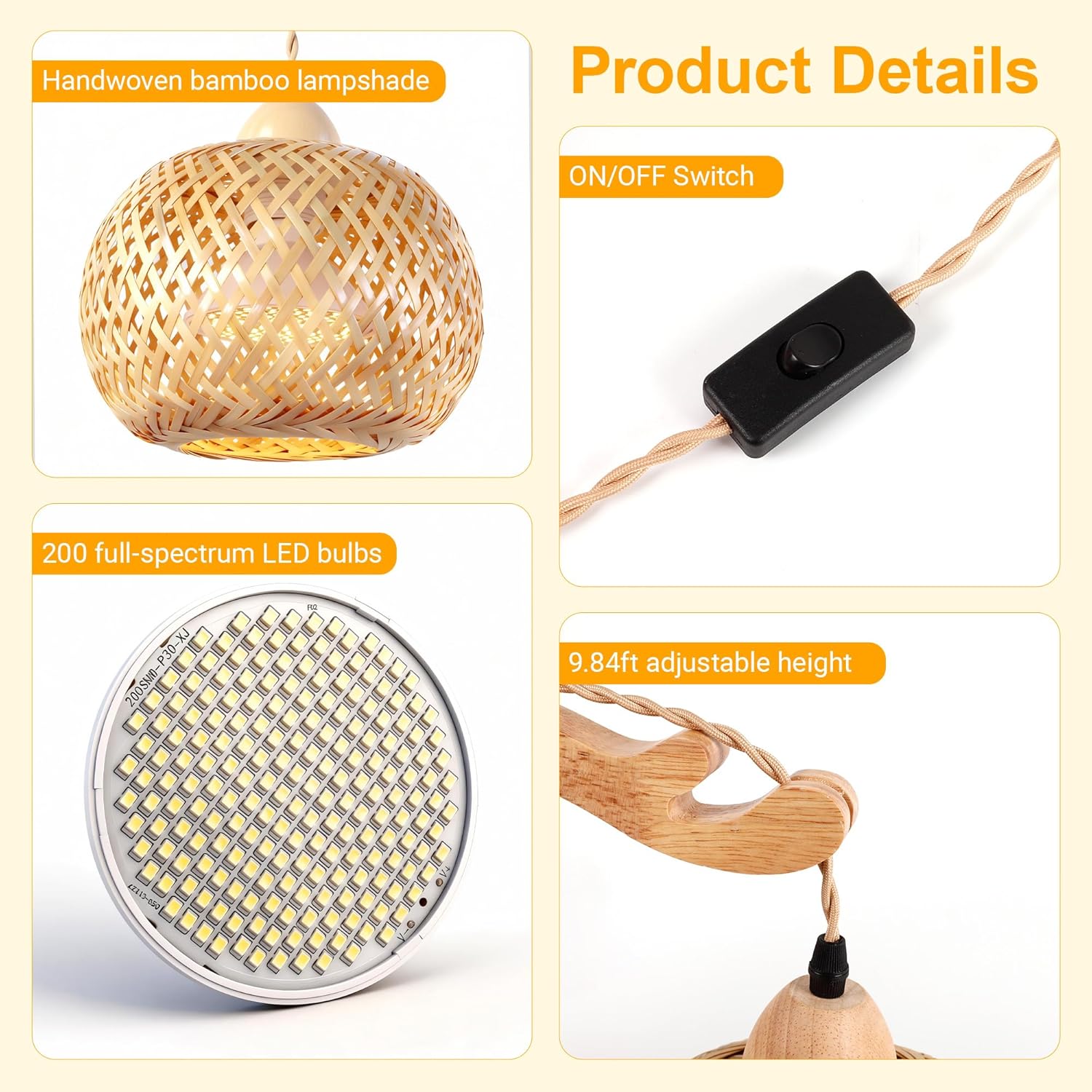 Hanging Grow Lights for Indoor Plants, Bohemian Wall-Mounted Full Spectrum Pendant Grow Light, Rattan Lantern Shade 200 LED 9.8FT Cord 3500K Decorative Plant Light for Living Room & Corners - Image 7