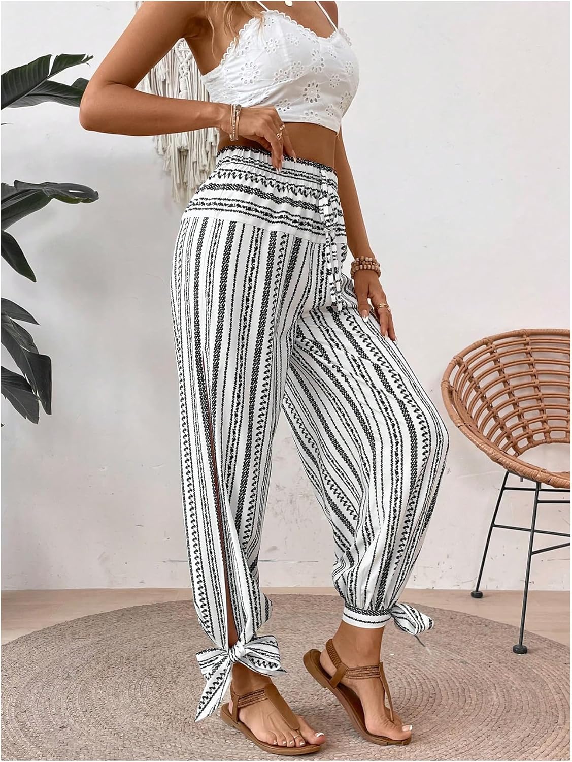 WDIRARA Women's Boho High Waist Split Knot Hem Long Pants Flowy Harem Yoga Pants - Image 4