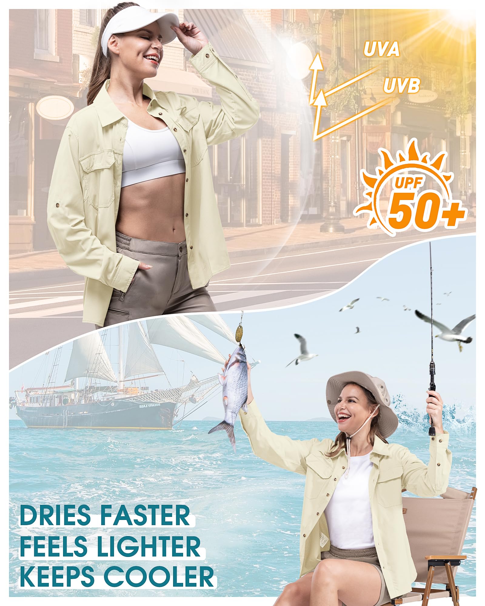 33,000ft Camisa para mujer UPF50+ con protección UV, de secado rápido, para tiempo libre, manga larga, para senderismo, pesca, safari, viajes, golf, amarillo claro, XL