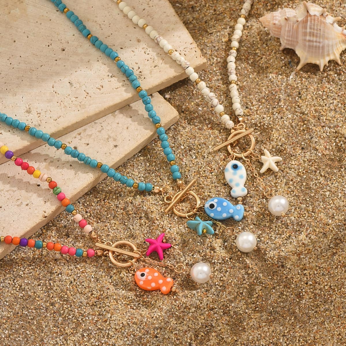 Colorful Beaded Necklace Boho Colored Ceramic Small Fish & Starfish Pendant Necklace Handmade Beach Summer Surfer Choker Necklaces Trendy Jewelry For Women - Image 7