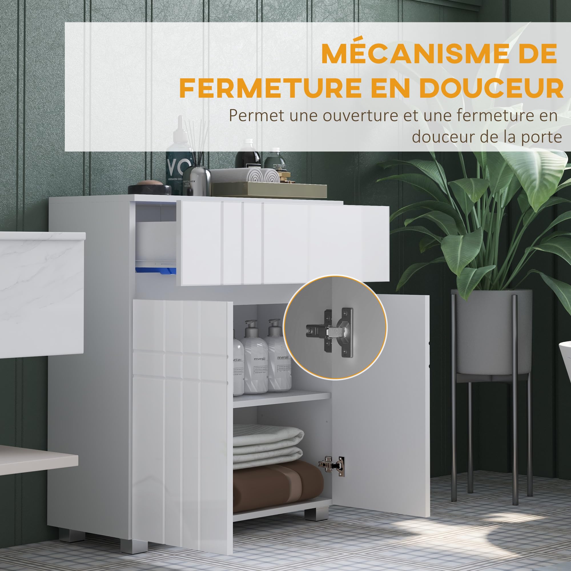 kleankin Meuble de Salle de Bain, 1 Tiroir, 2 Portes, 60 x 30 x 80 cm Blanc | Meuble de Rangement Sur Pied, Placard, Étagère Réglable, Finition Laquée
