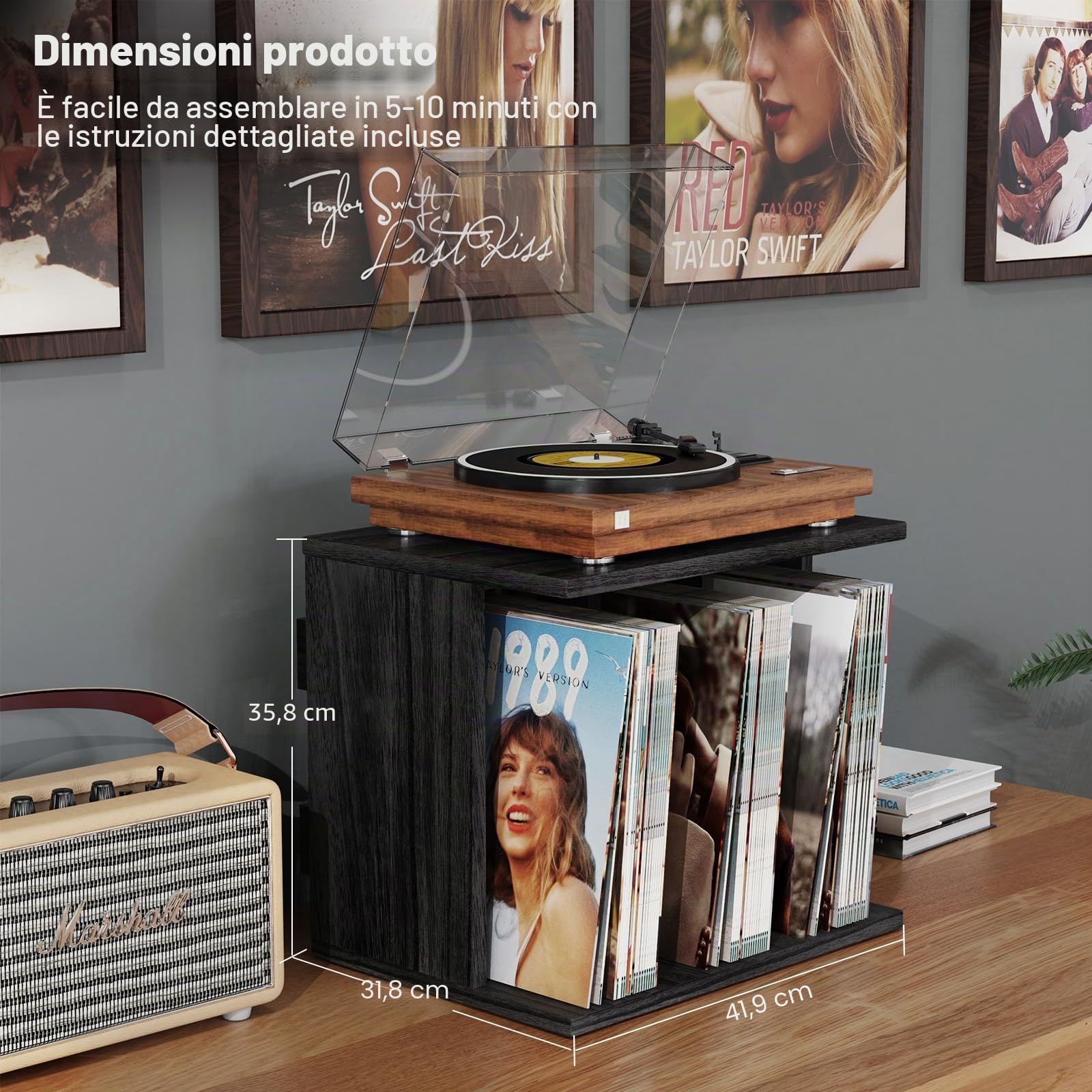 Supporto in legno, con scatola vinile, montaggio a parete, stile vintage, mobile 3 scomparti, giradischi vinile stand fino a 100 album, per soggiorno, ufficio