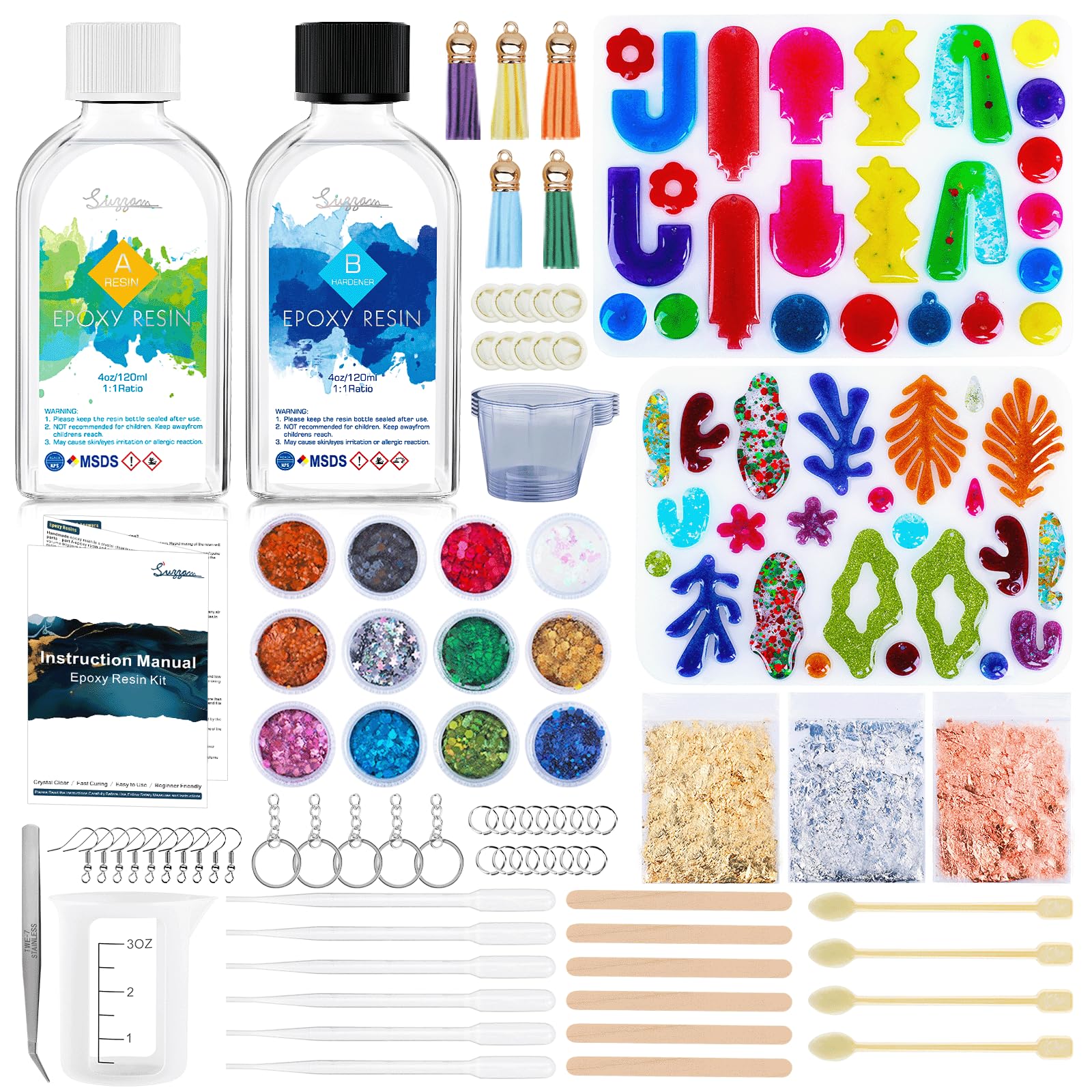 Suzzam Epoxidharz Set 8oz (240 ml) mit Form Kristallklar, ungiftig Epoxy Resin für Holz, Schmuckherstellung, Hochglanz und UV-beständig Gießharz mit Goldfolien, Glitzer für Anfänger DIY kunstprojekte