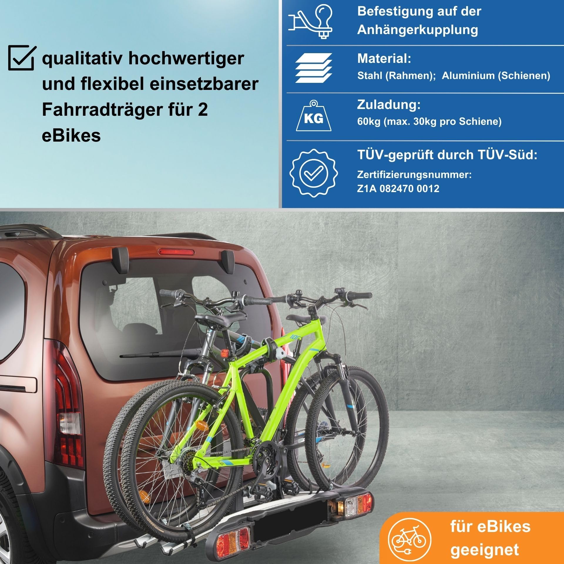 VDP eBike Fahrradträger für Anhängerkupplung - Heckträger Radträger Back 2 - für 2 Fahrräder - 60kg Zuladung - Aluminium Schienen - klappbar - Auto kompatibel