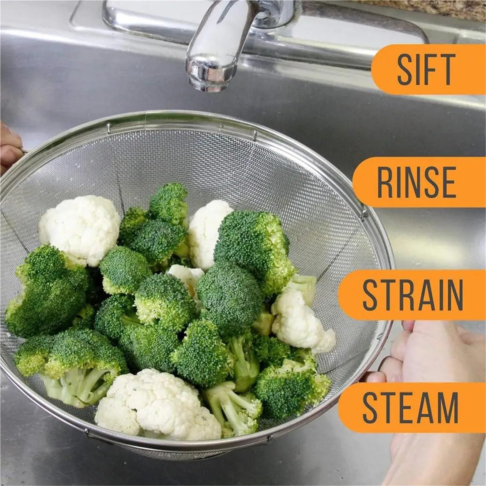 Colador de alimentos alta resistencia, colador malla fina acero inoxidable con doble asa, cesta coladora cocina for lavar frutas, 2 uds para Pasta Verduras y Frutas