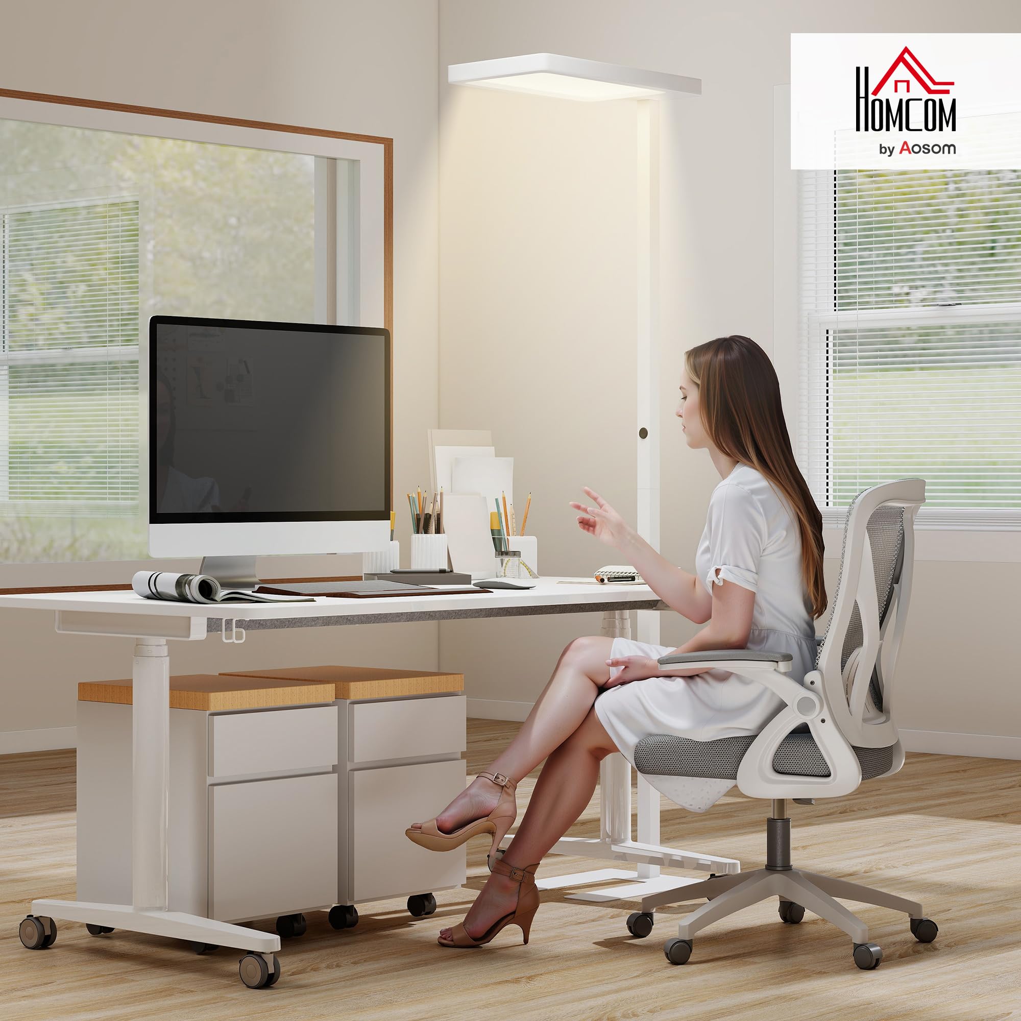 HOMCOM Lampada da terra, soggiorno, 1560 LM 40W, dimmerabile 196 cm lampada da terra LED a spettro completo per la cura degli occhi, luce notturna e telecomando, temperatura di colore regolabile