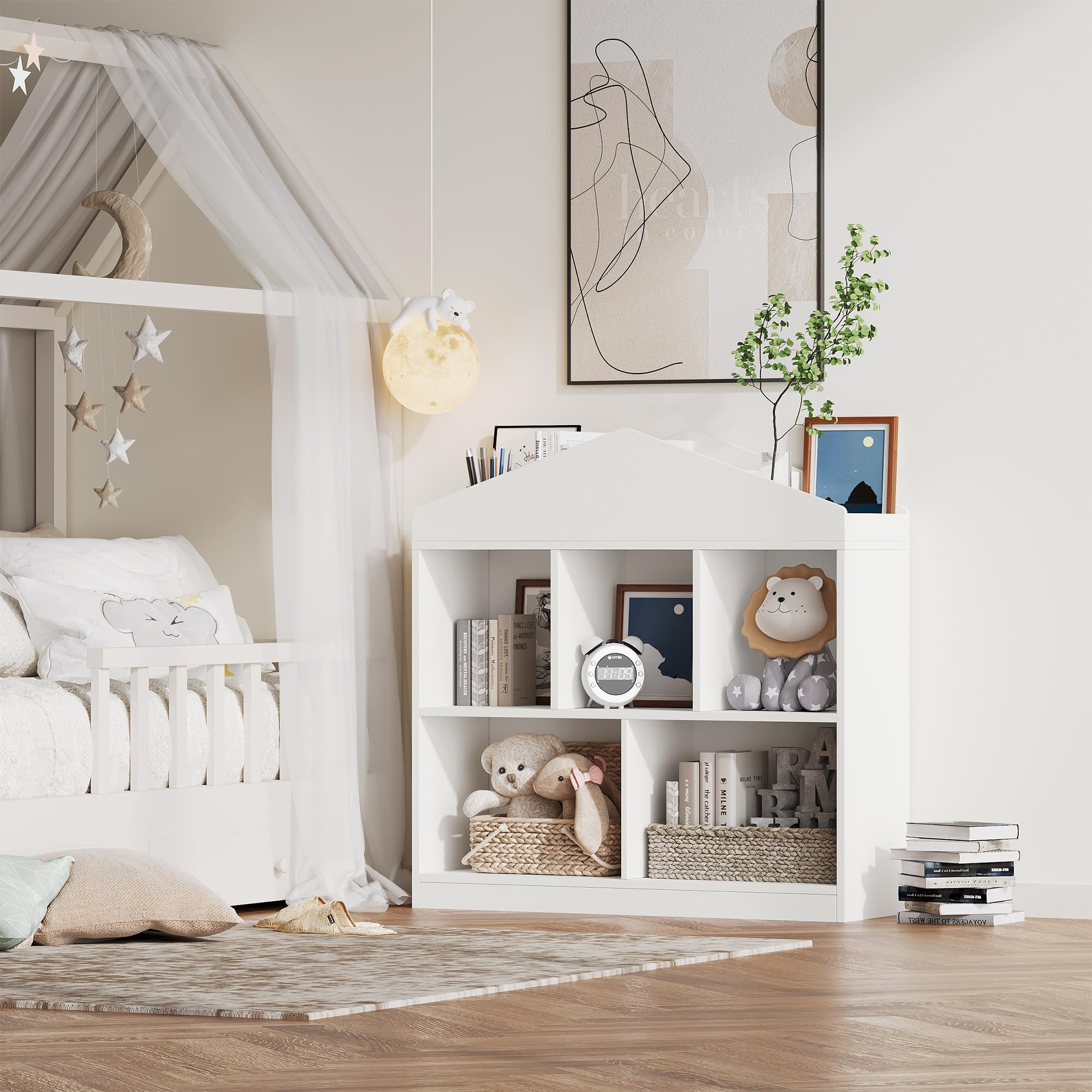 GarveeHome Estantería Infantil Blanca de Madera con 5 Compartimentos y Techo - Organizador Moderno para Libros y Juguetes Habitaciones Infantiles, aulas y Salas de Juegos - Blanco