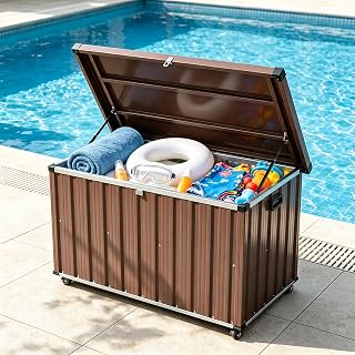 160 Gallon Waterproof Metal Deck Box with Wheels and Side Handles | Heavy Duty Rolling Lockable Outdoor Storage Box for Deck, Porch, Pools