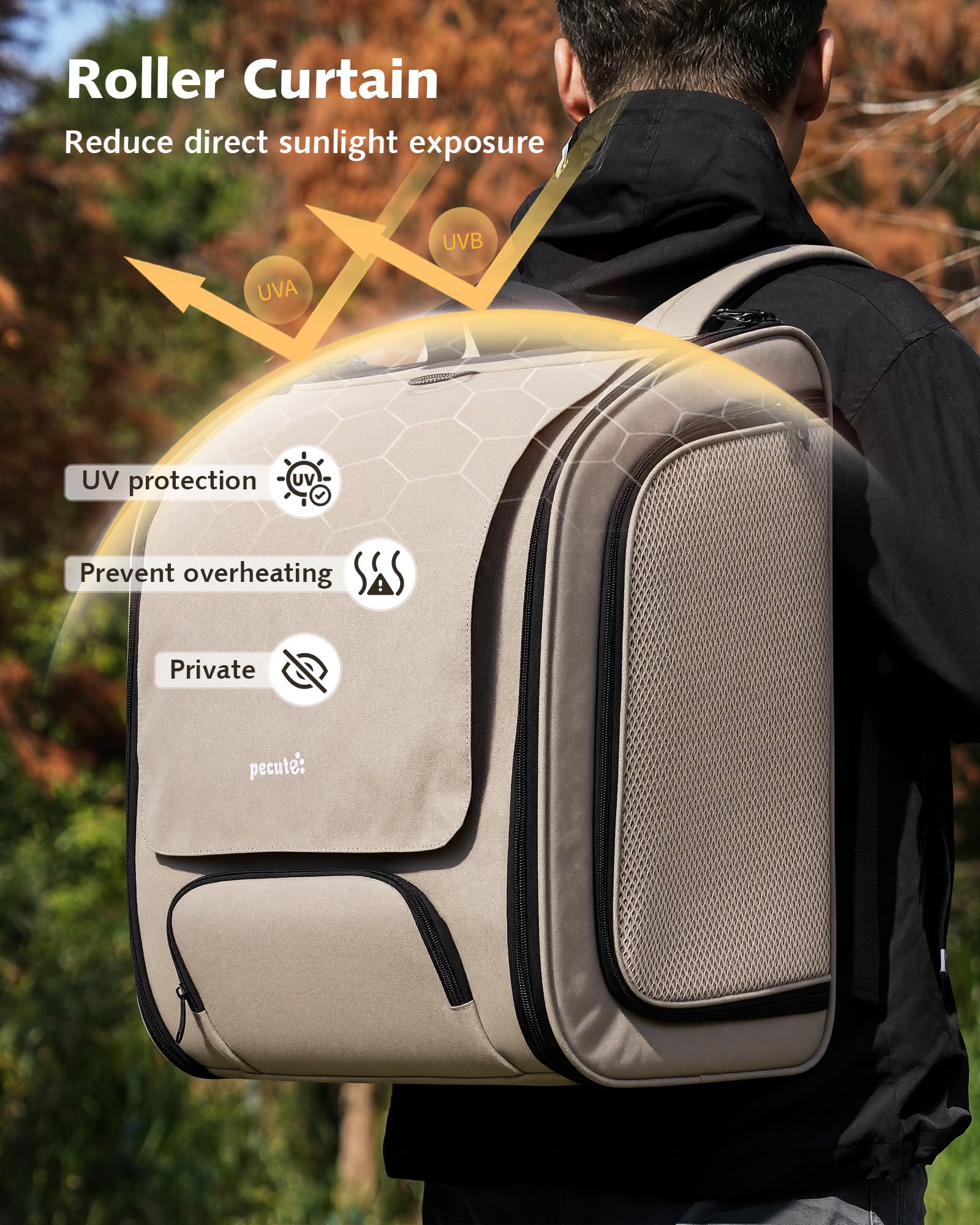 pecute Katzenrucksack Bubble Haustier Rucksack mit Netzfenster, Tragbare und Faltbare Katzentasche, Atmungsaktive und Leichte Hundetasche für Hunde Katzen Haustiere, Khaki (48 * 38 * 28cm)