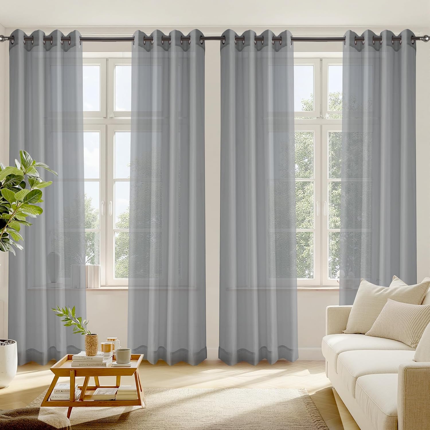 RYB HOME Light Filtering Curtains 96 Inches Long, Grommet Top Voile Airy Light Filtering Drapes, Sheer Window Treatments Curtains for Living Room Kitchen Bedroom, Gray, 54" W x 96" L, 4 Pieces
