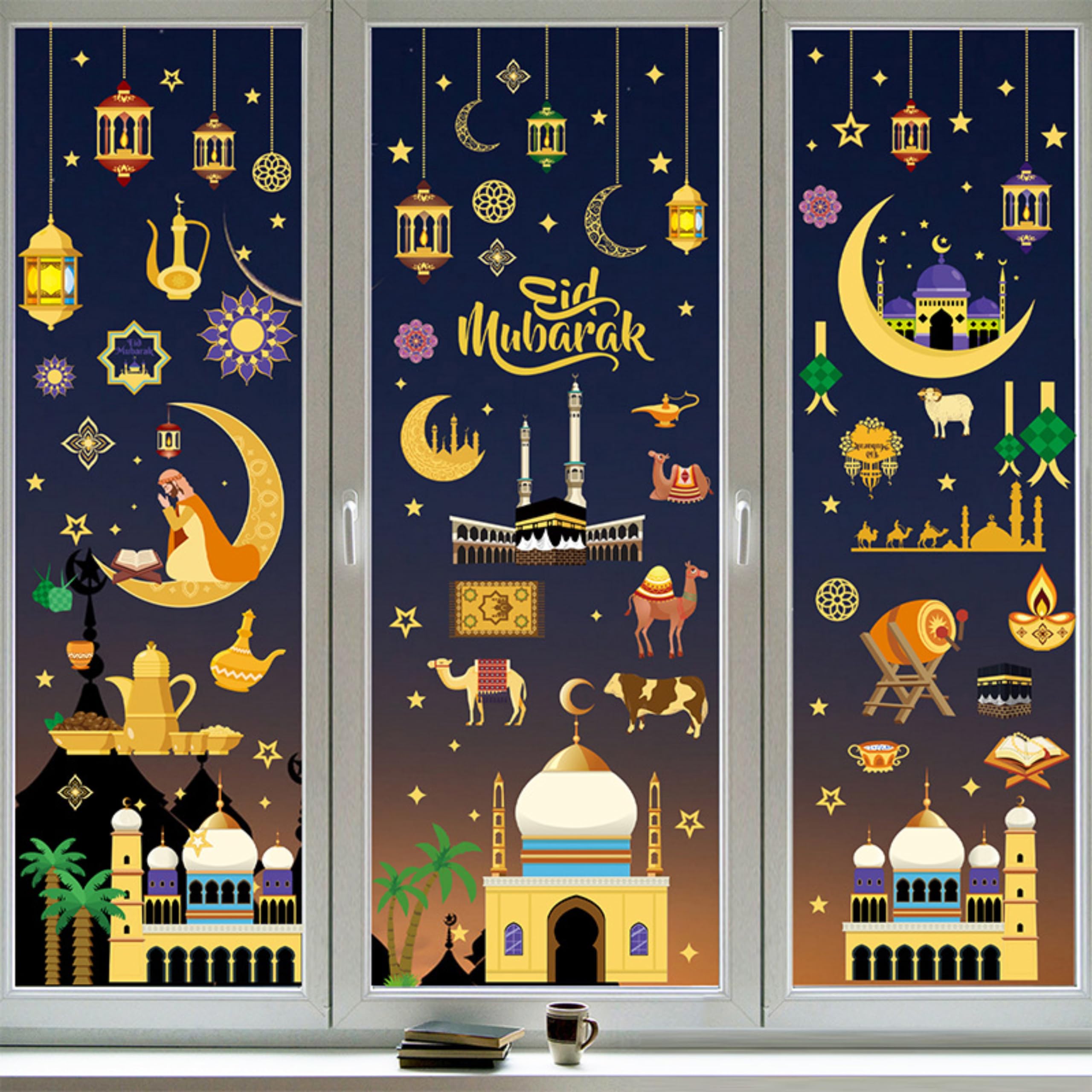 NESLIN Ramadan Decorations 196pcs Mubarak Window Stickers Eid Mubarak Static Window Clings for Party Decorations Muslim Ramadan Eid Al-fitr Window Decor Ramadan Kareem Decals for Window Decorations