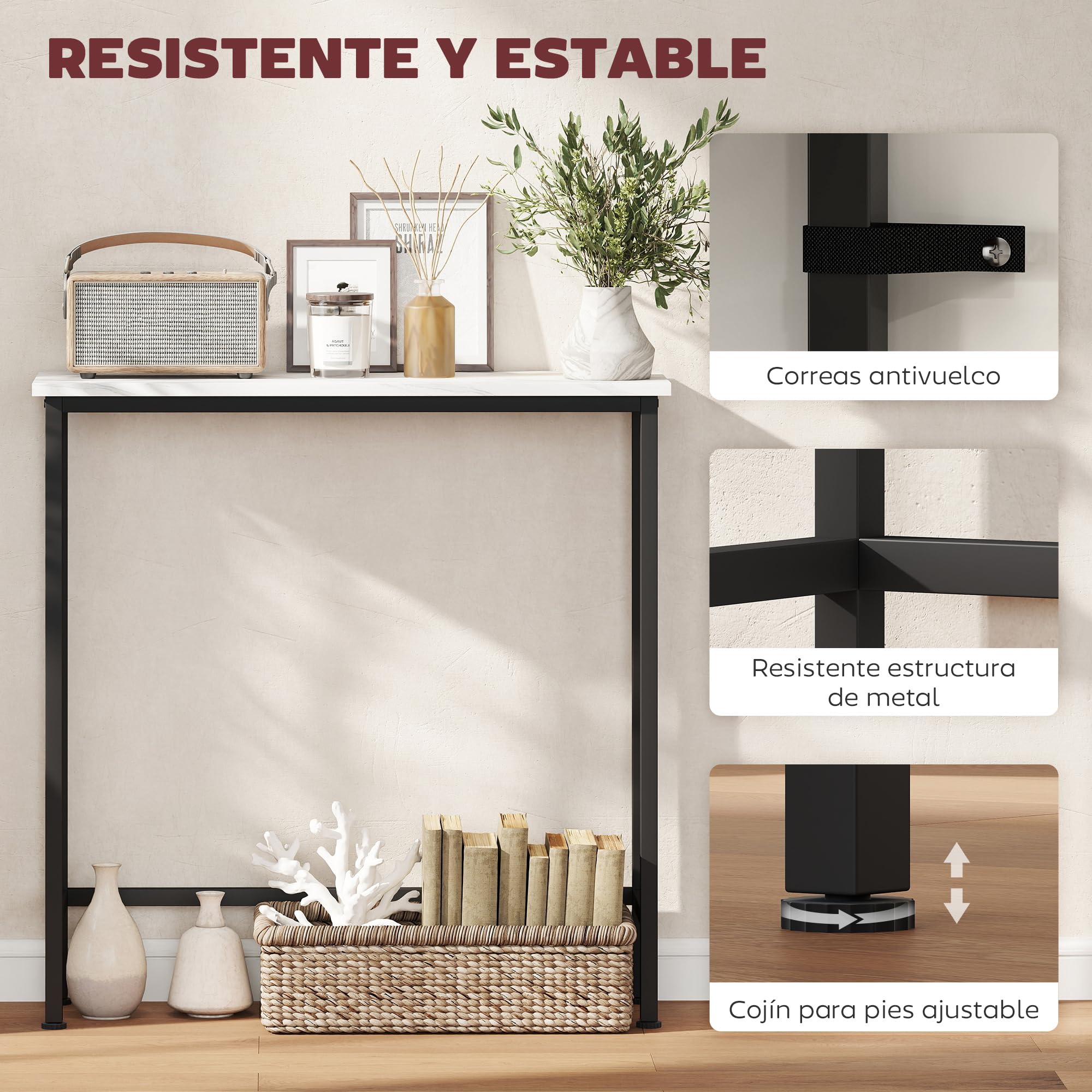 HOMCOM Mesa Consola Moderna Consola Recibidor Estrecha con Superficie con Efecto Mármol y Marco de Metal para Entrada Sala de Estar 75x24x76 cm Blanco y Negro