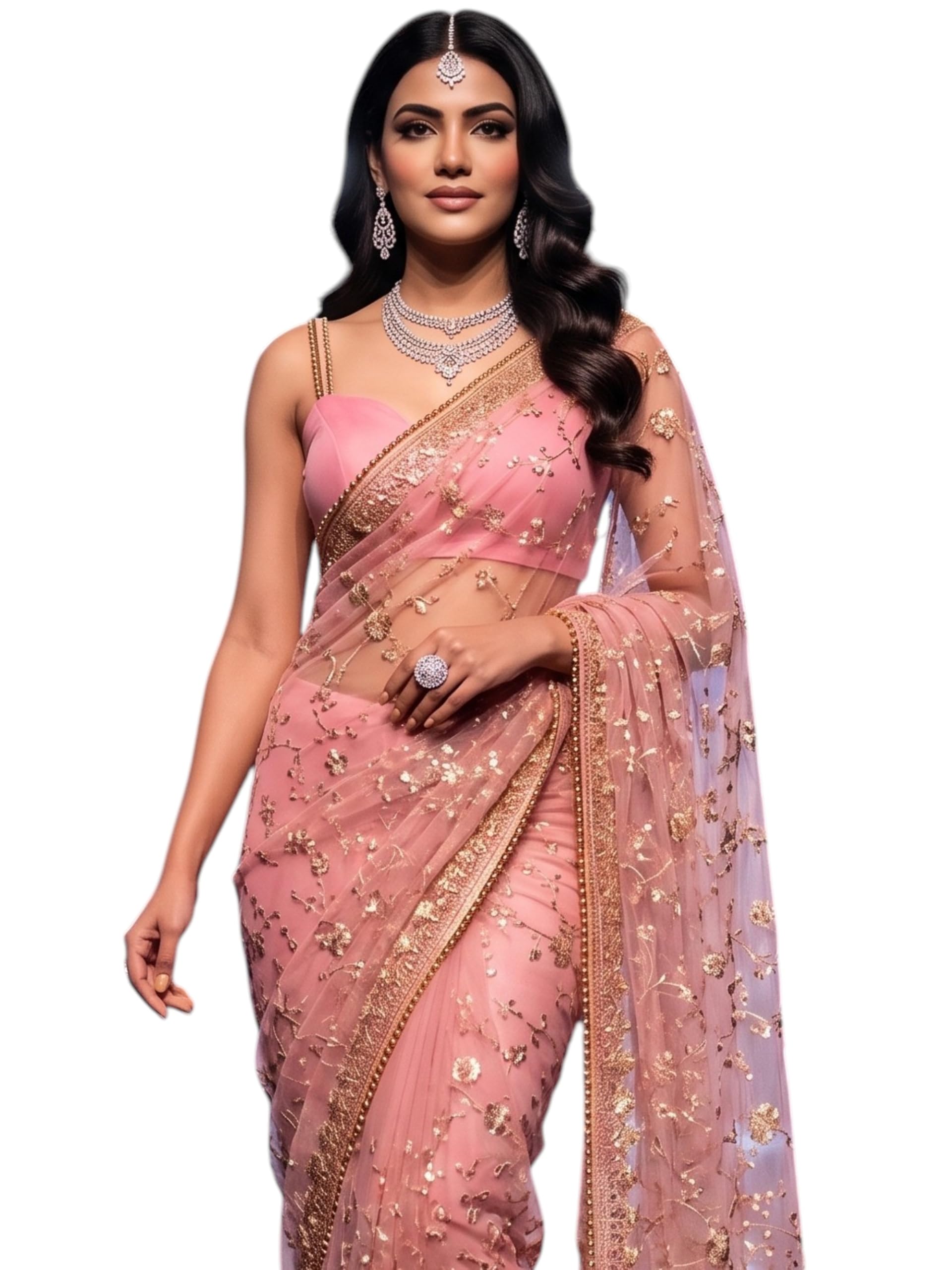 "Pink Designer Net Saree with Elegant Golden Embroidery Work for Women-image-21