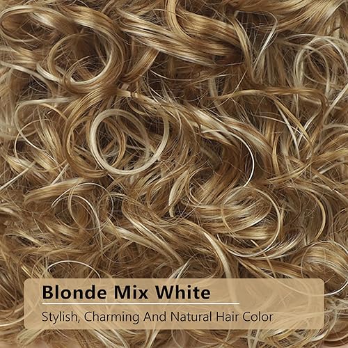 Miniatura 8 de TISHINING Pelucas rubias cortas y rizadas para mujeres blancas con flequillo mezclado rubio peludo, peluca completa sintética de aspecto natural,