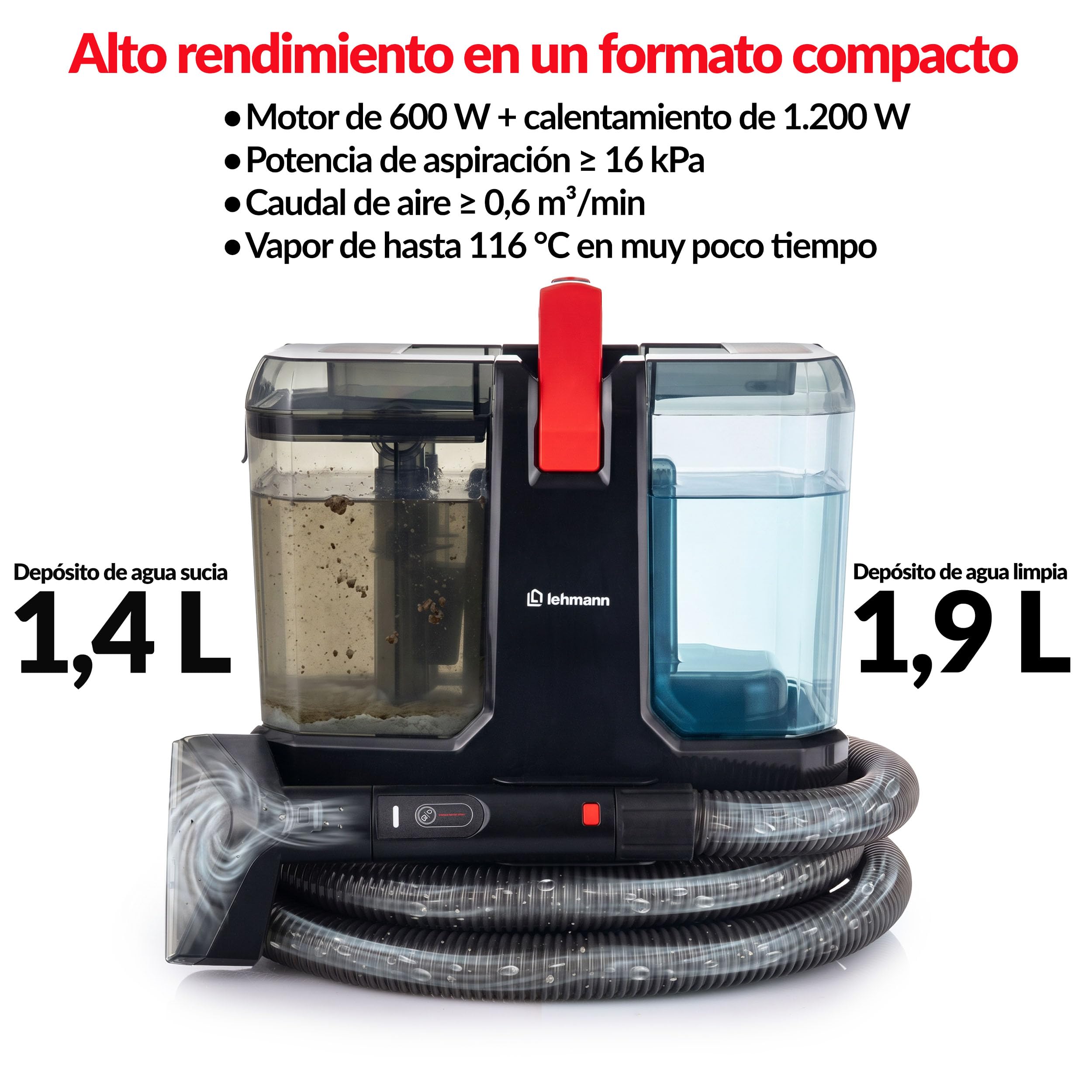 LEHMANN SteamWash 1800 Limpiador de alfombras y vapor 3 en 1, limpiador de tapicería para sofás y alfombras con agua caliente a 60 °C y vapor a 116 °C, potencia de succión de 16 kPa