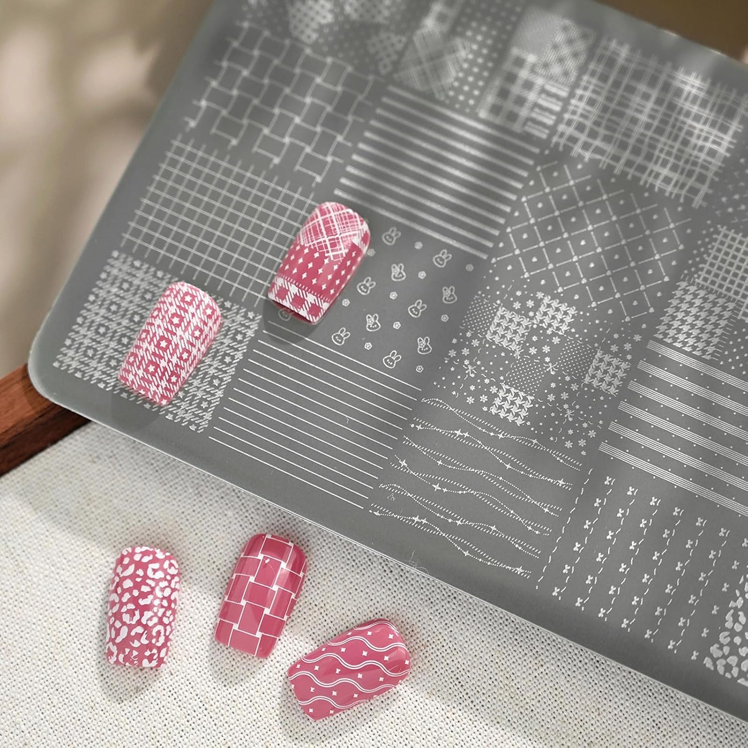 Stainless Steel Nails Designing Tool with Lace Checkerboard Pattern Ergonomic Grip Stamping Plate for Smooth Application Lace Grid Nail Template Tool