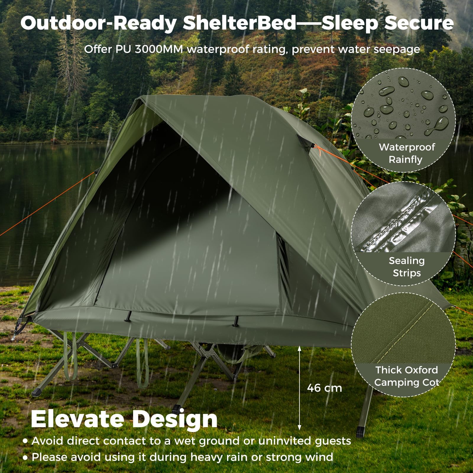 FANTASK Feldbett mit Zelt 2 Personen, Camping-Ausrüstung mit Regenschutz, 2 Netztüren, Dachfenster & Rolltasche, Outdoor-fähige Unterkunftsbett, bis 300 kg, 194 x 145 x 150 cm