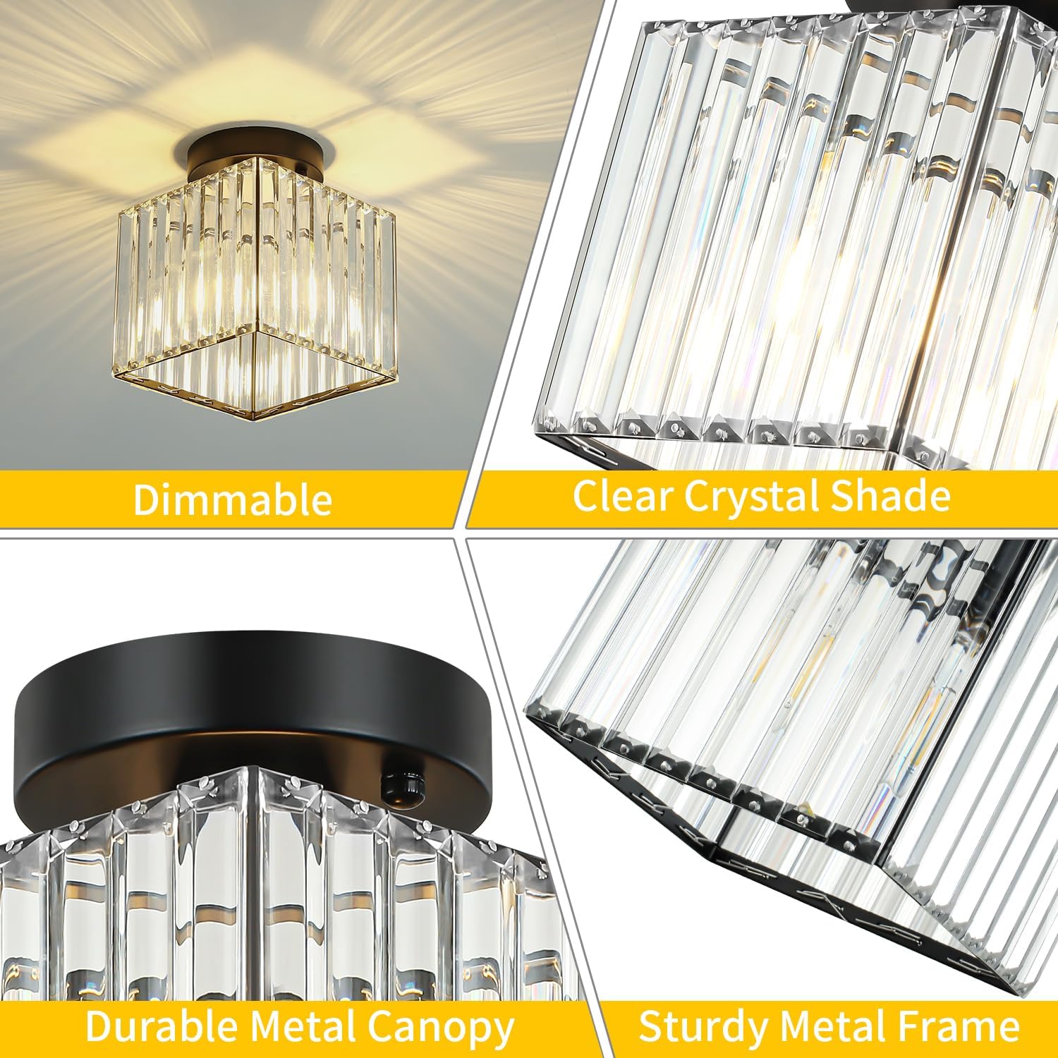 2-Pack Crystal Black Semi Flush Mount Ceiling Light Modern Square Kitchen Lighting Fixtures Ceiling Hallway Light Fixture for Entryway Dining Room Bedroom Bathroom Laundry Room, 7.24Inch