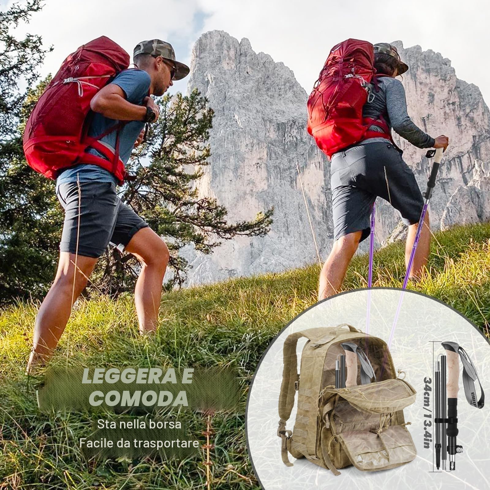 GIBOHOM Bastoncini Trekking Alluminio, 2 Pezzi Nordic Bastoni Trekking 105-125 CM Pieghevoli, Antiurto, Racchette Trekking con 4 Paia di Cuscinetto in Gomma, Borsa per Montagna Escursioni Neve, Unisex