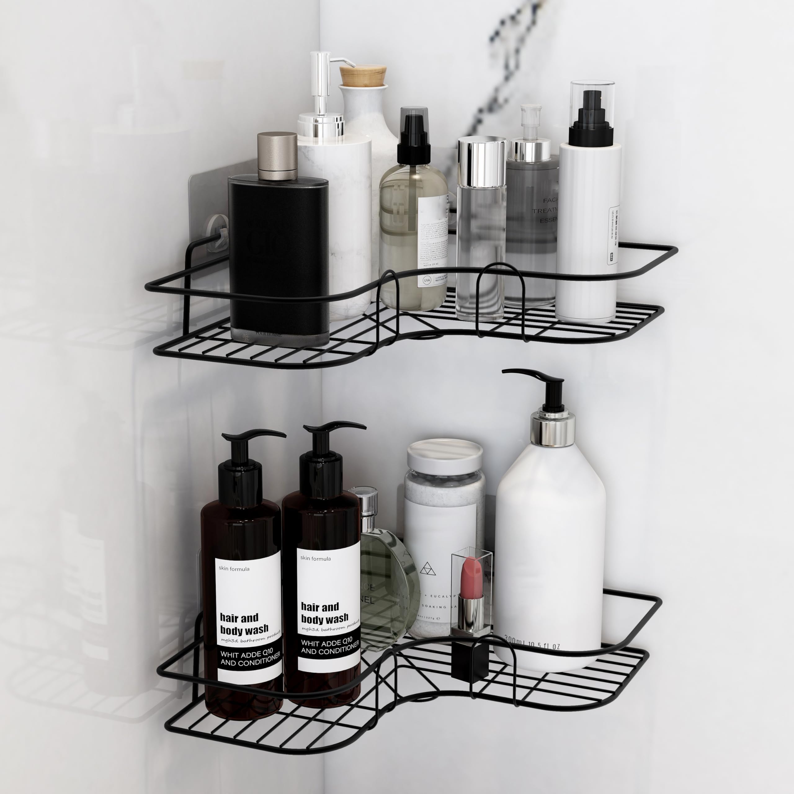 Ruboxa Self Adhesive Corner Shelf for Bathroom/GI Metal Shelf for Kitchen with Magic Sticker/Bathroom Organizer - Pack of 2 (Black)