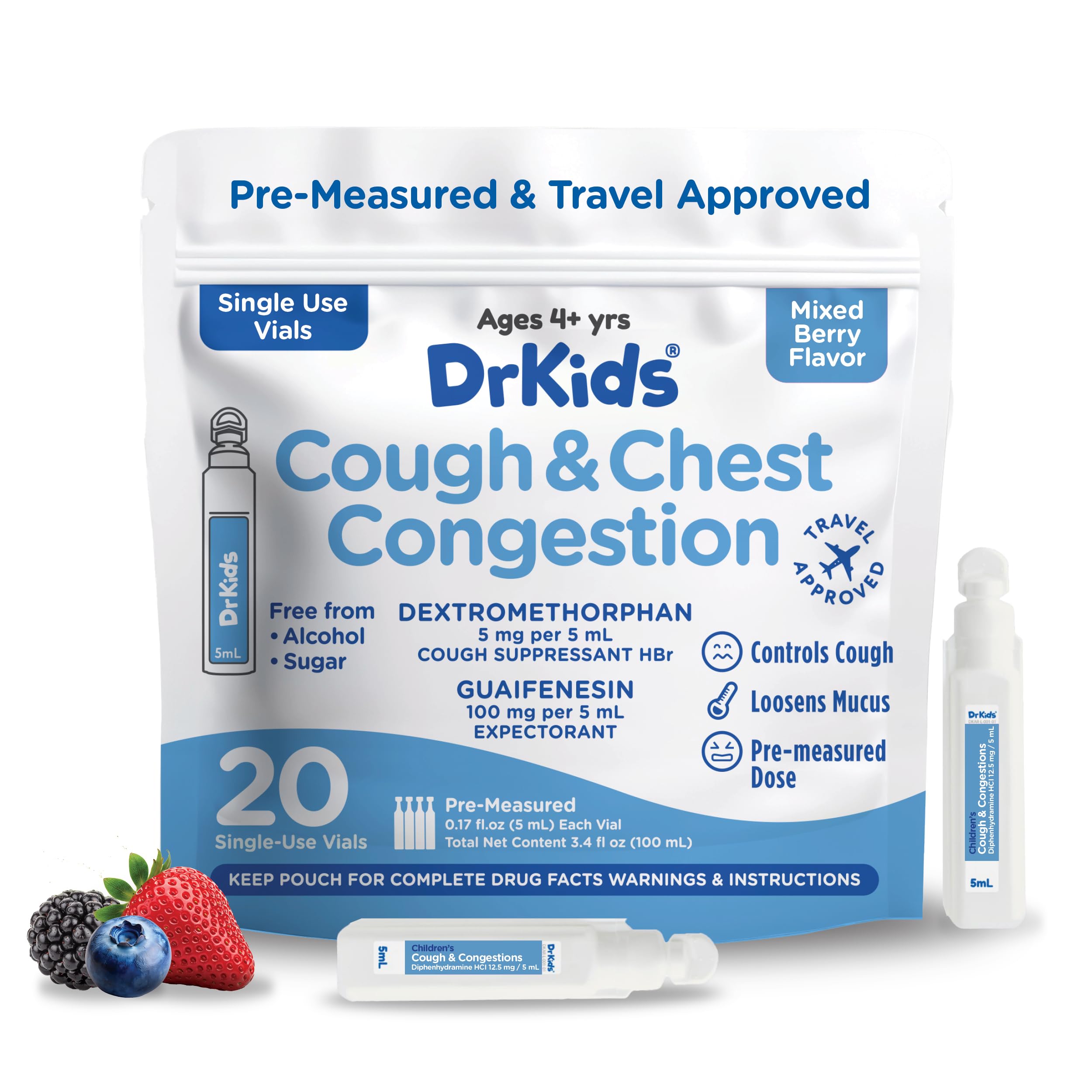 Dr. Kids Children's Cough & Chest Congestion - Non-Drowsy Decongestant for Kids, Cough and Mucus Relief, Pre-Measured Single-Use Vials, Kids Cough