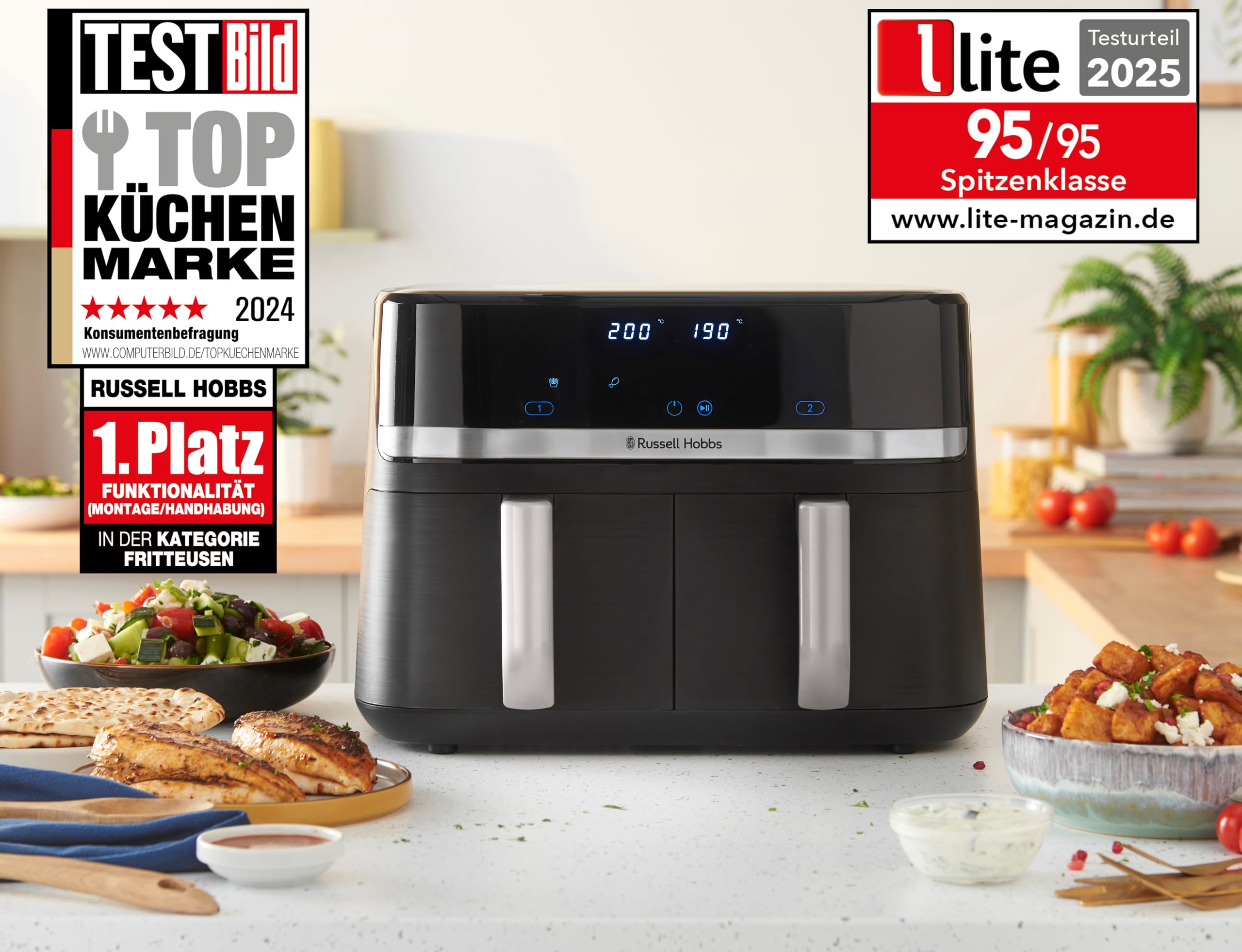 Russell Hobbs Heißluftfritteuse 2 Kammern 9L Rapid AirFryer [2 Fächer je 4,5l, sehr leiser Betrieb, 9 Programme] SatisFry Fritteuse (spülmaschinenfest, Match & Synchronisierungsfunktion) 27681-56