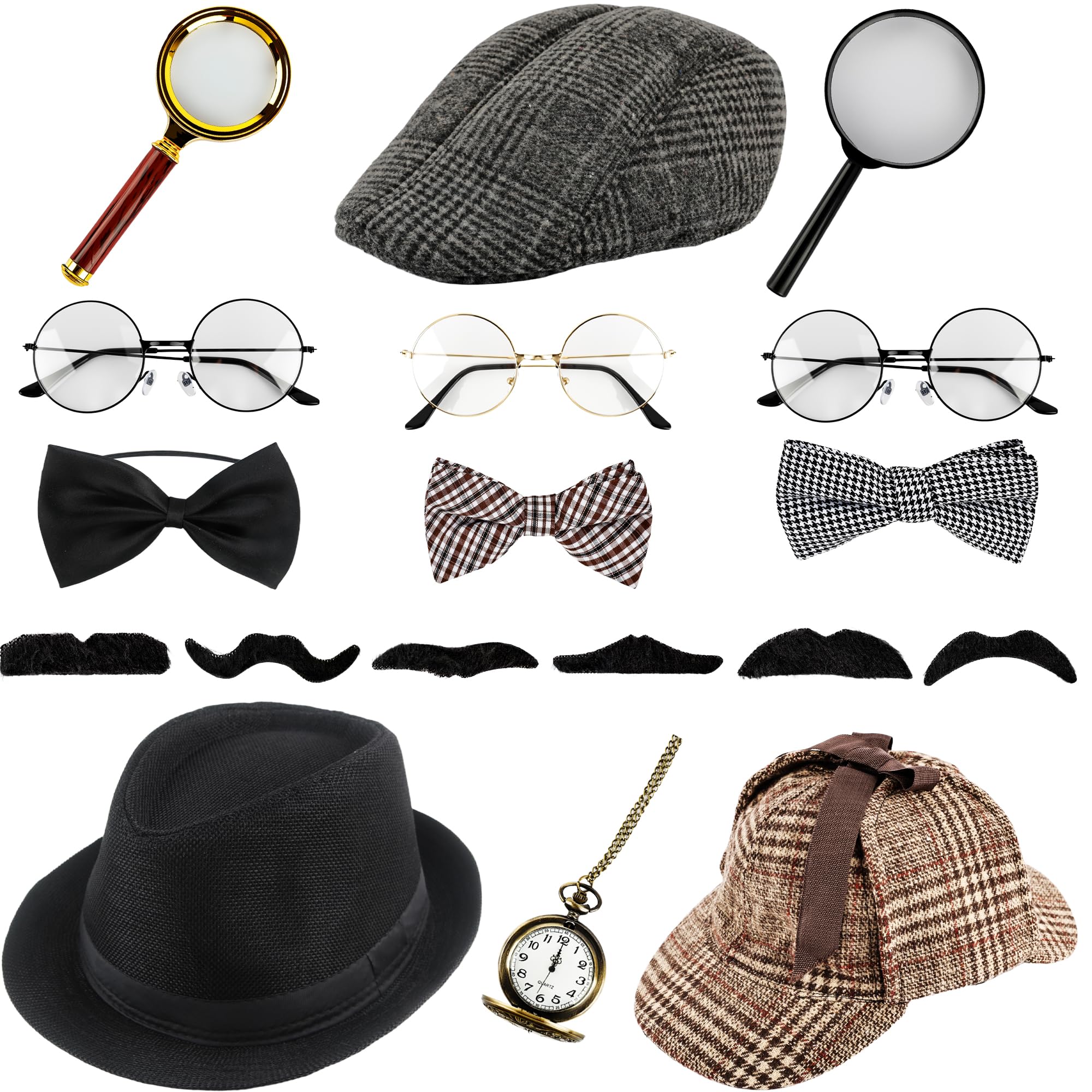 Puteraya 16 Pcs Detective Costume Accessories Deerstalker Hat Glasses Kit Detective Hat Dress up for Halloween Cosplay Adult