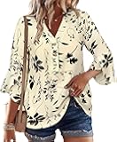 Womens Boho Tops Ruffle 3/4 Sleeve Button V-Neck Dressy Casual 2025 Fall Bell Sleeve Floral Business Blouses
