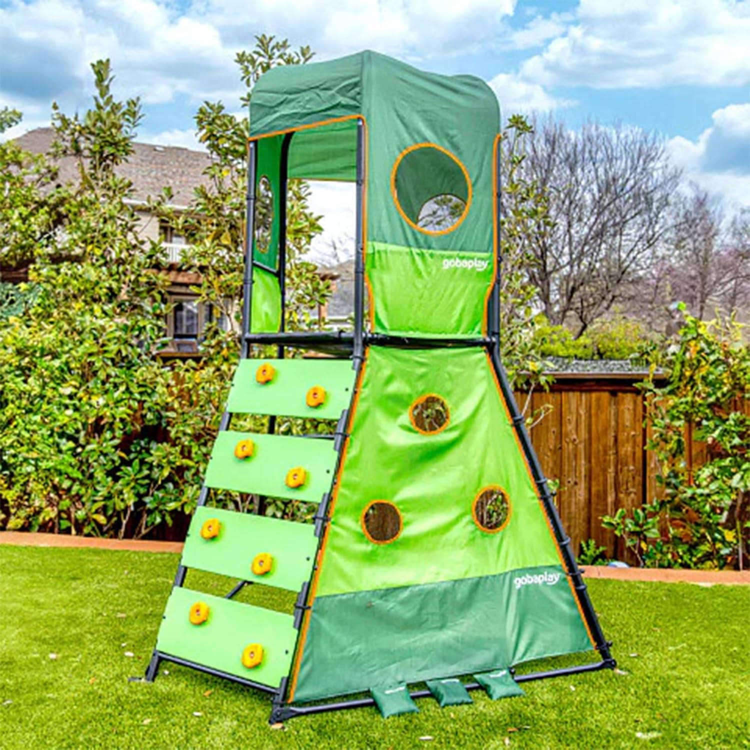 gobaplay Large Climbing Tower– 8.5ft Kids Outdoor Climber Playset, Backyard Play Equipment with Cornohle Game and 3 Climbing Levels