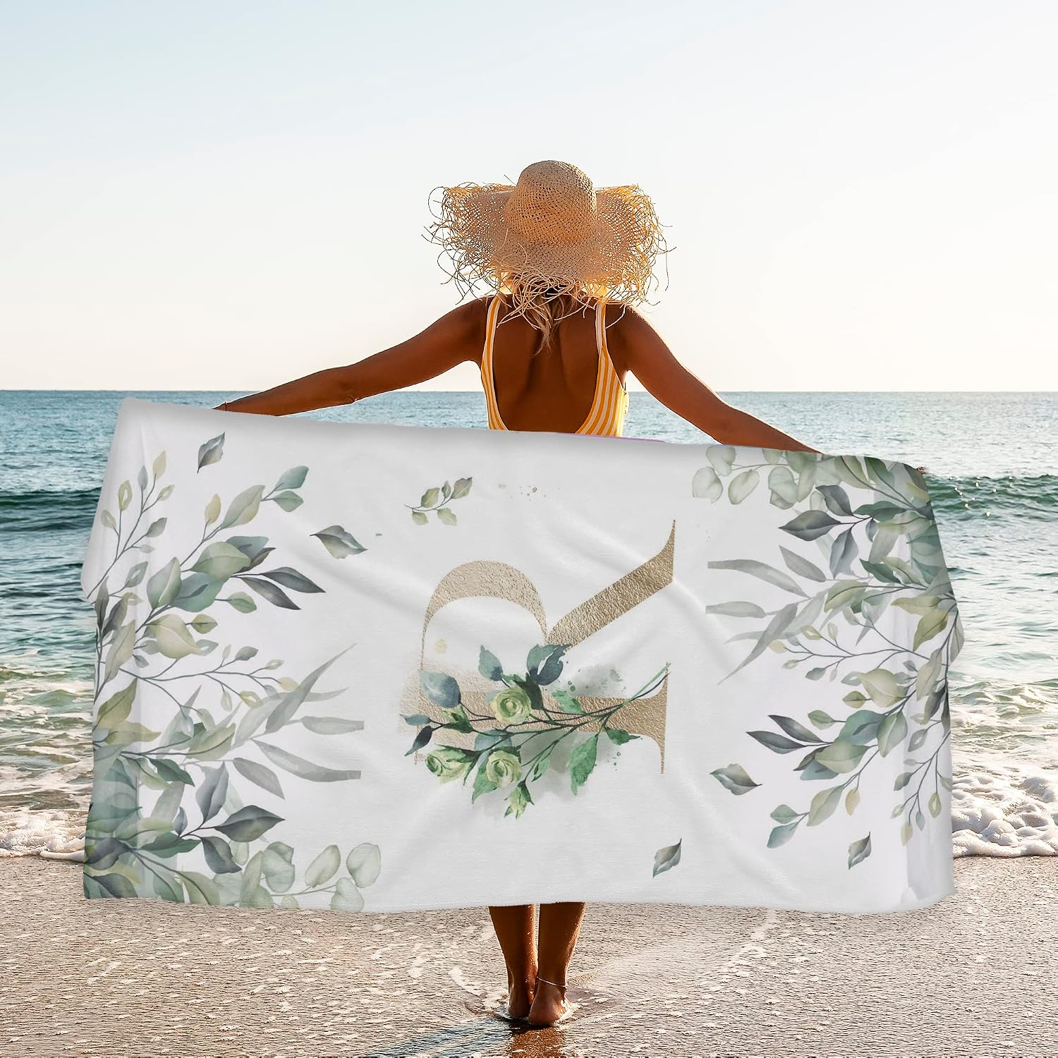 Floral Beach Towel, Custom Beach Towels with Initials 30x60, White and Green Beach Towel for Girls Women, Personalized Beach Towels for Adults Kids Swim Towels for Beach Pool, No Sand Beach Towel T62