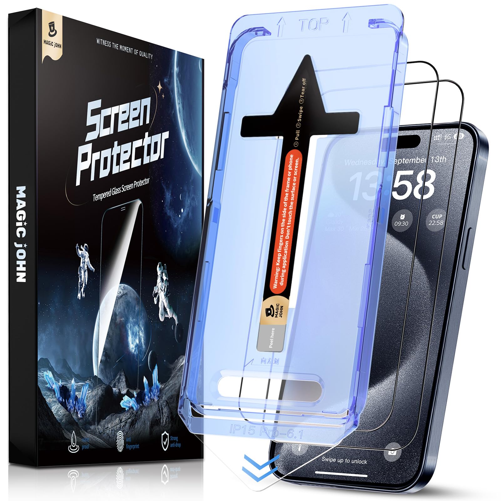 MAGIC JOHN 2 Pack for iPhone 15 Pro (6.1 inch) Tempered Glass Screen Protector, Auto Dust-Elimination Installation, Bubble Free, Dynamic Island Compatible, HD Clear, Easy Installation