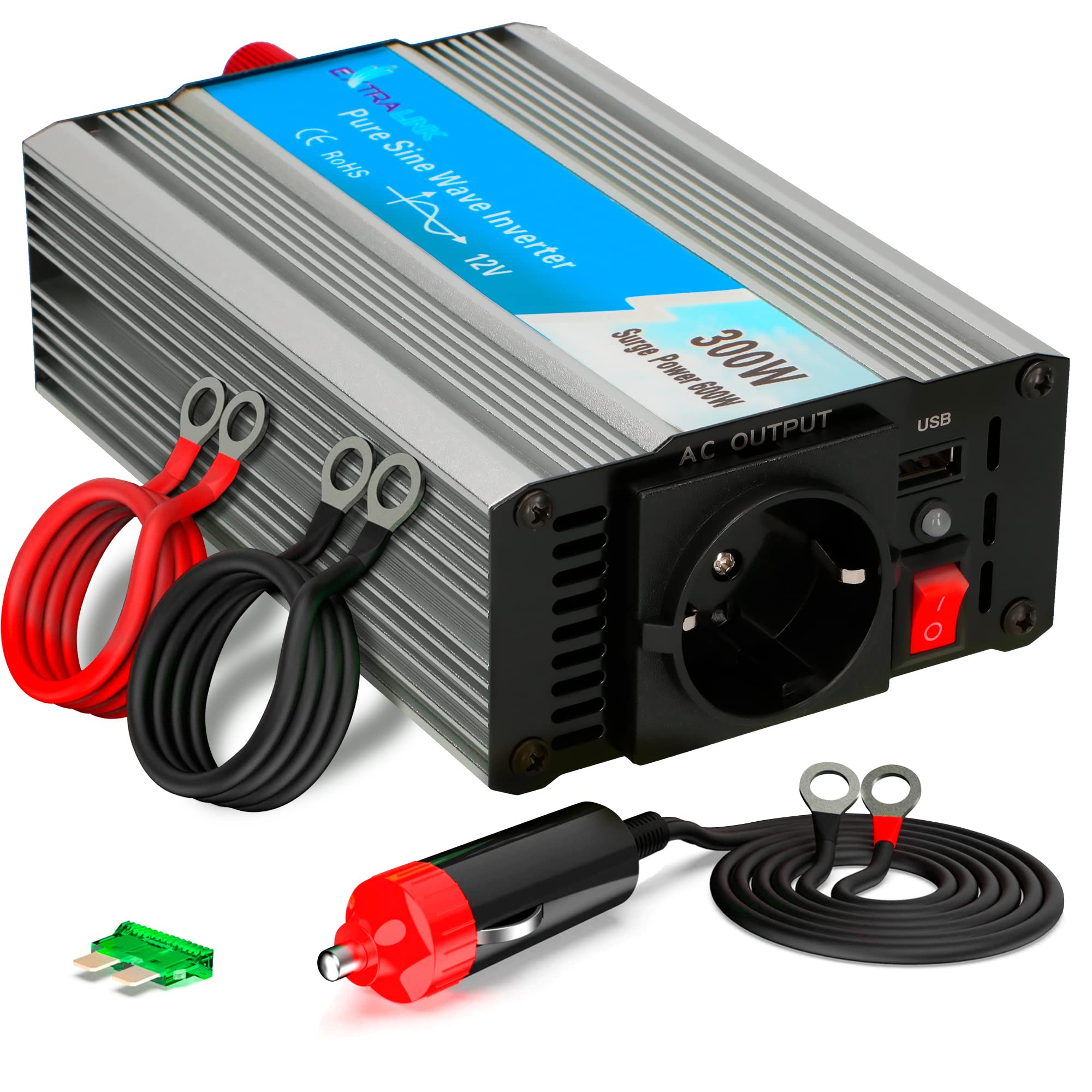 EXTRALINK Inversor 12V 220V Onda Pura 300W 600W Pico – Convertidor 12V 200V con USB, Enchufe de mechero, Ventilador y Protección Cuádruple – para Coche, Barco, Camping, Equipos Sensibles, Solar