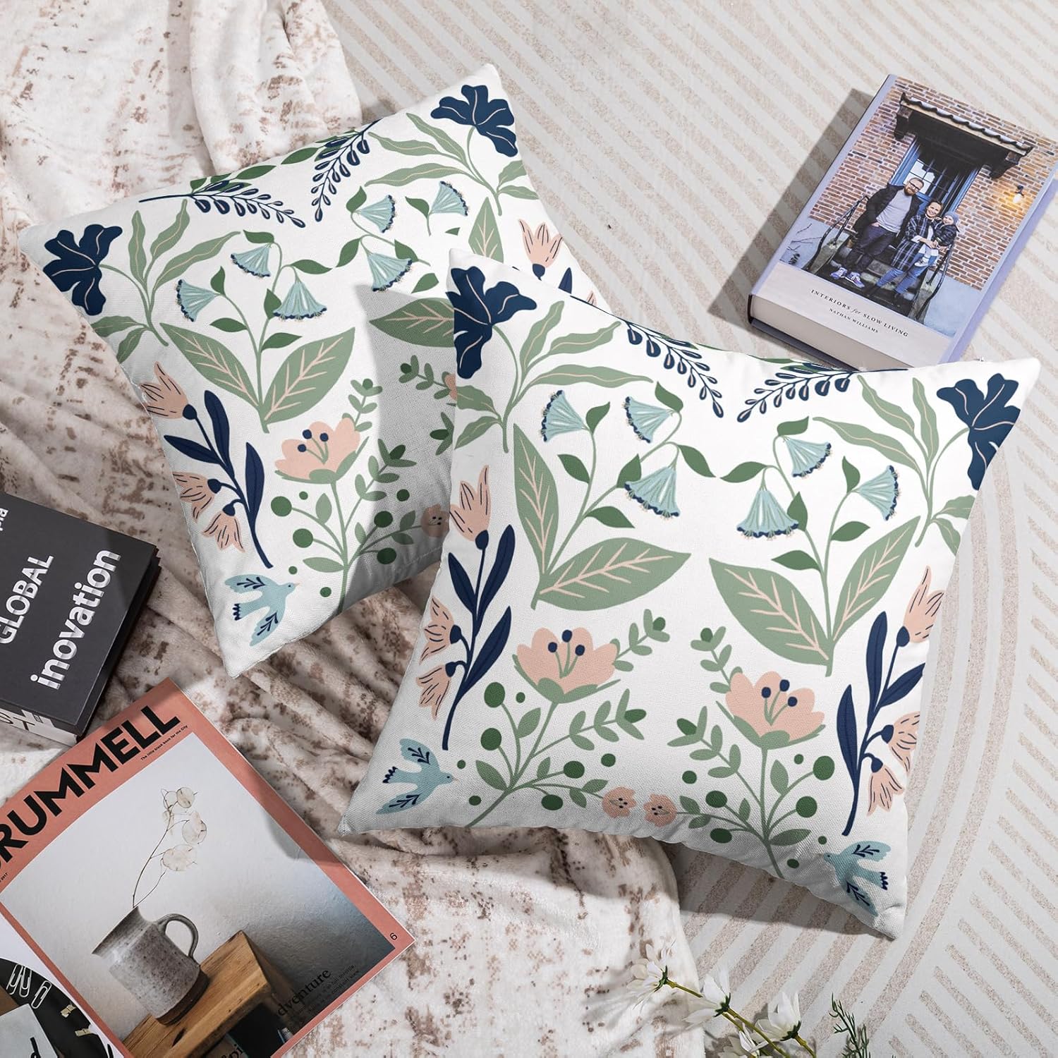 Blue Green Pink Floral Pillow Covers 18x18 Inch Set of 2 Spring Summer Flower Patterned Decorative Throw Pillowcases Outdoor Farmhouse Cushion Cases Decor for Sofa Couch Bed - Image 7