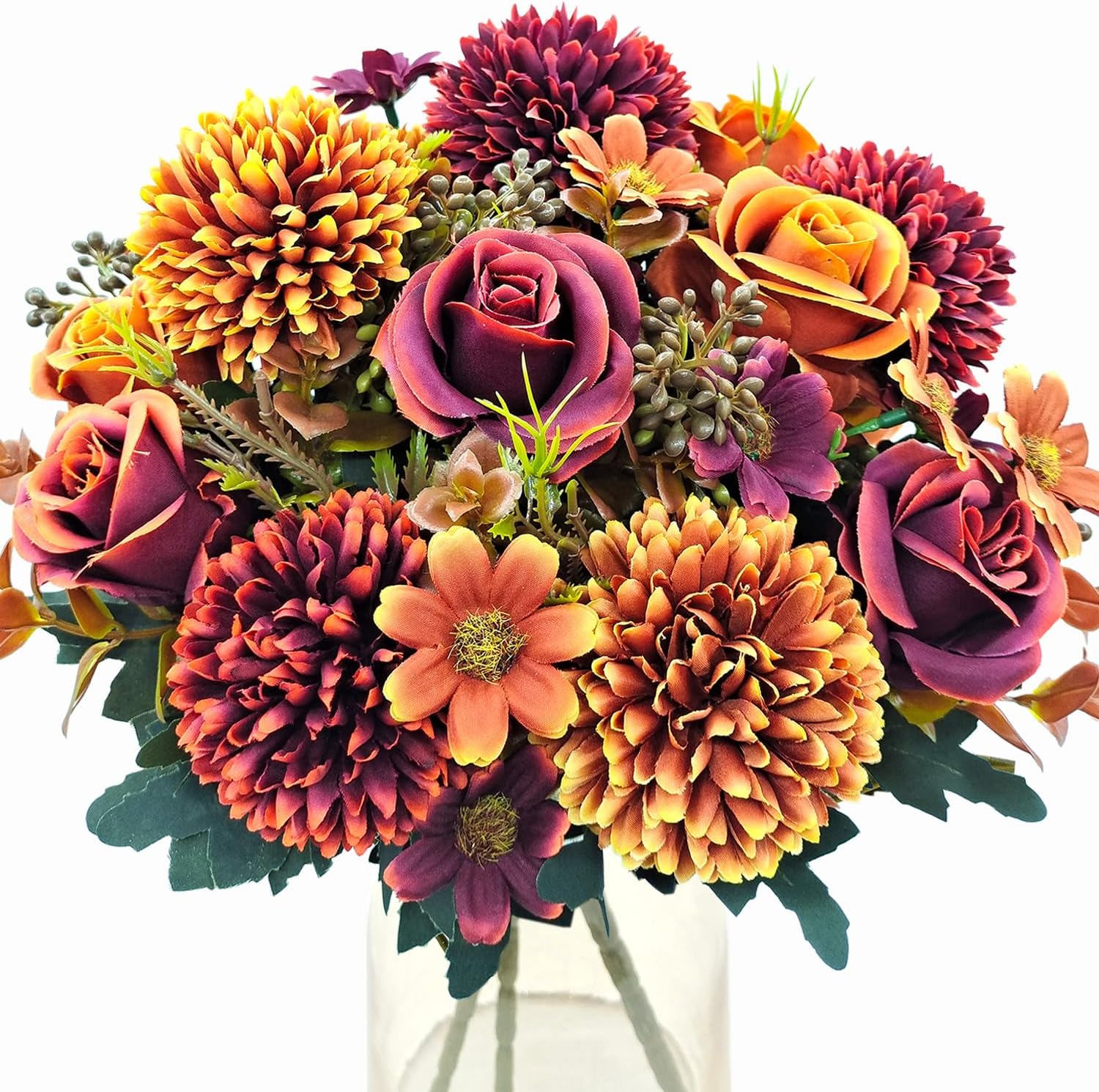 3 Pcs Fall Flowers Artificial Mums Silk Chrysanthemum Rose Daisy Bouquet Fake Mum Faux Floral Arrangements Home Indoor Outdoor Planter Decor Party Wedding Table Autumn Decoration Fall Colors -a