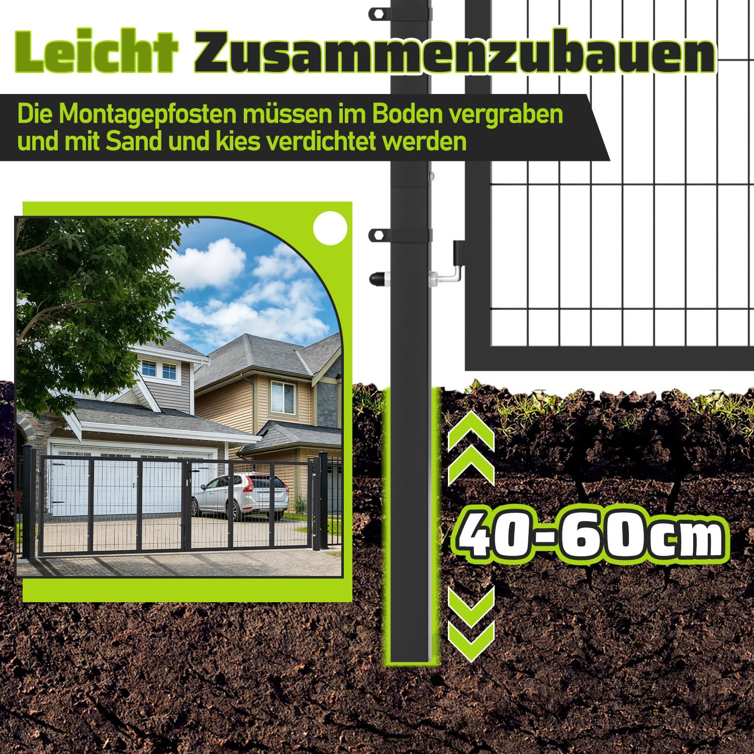 Gartentor metall, Doppelflügelig Gartentür, 350x100 cm, Vierkantrohr, industriell, für Werkhof/Gewerbeflächen, für Stabmattenzäune (Anthrazit).