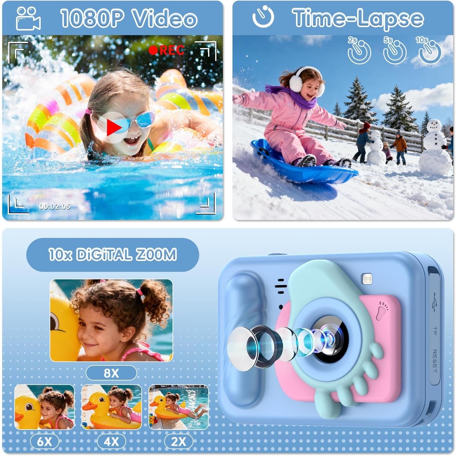 Underwater Camera for Kids - IP68 Waterproof Camera, 48MP Dual Lens, 1080P Video Recording, Toddler Camera for Pool & Beach, Ideal Christmas Birthday Gifts for Boys Girls Age 3-12 (Sky Blue)