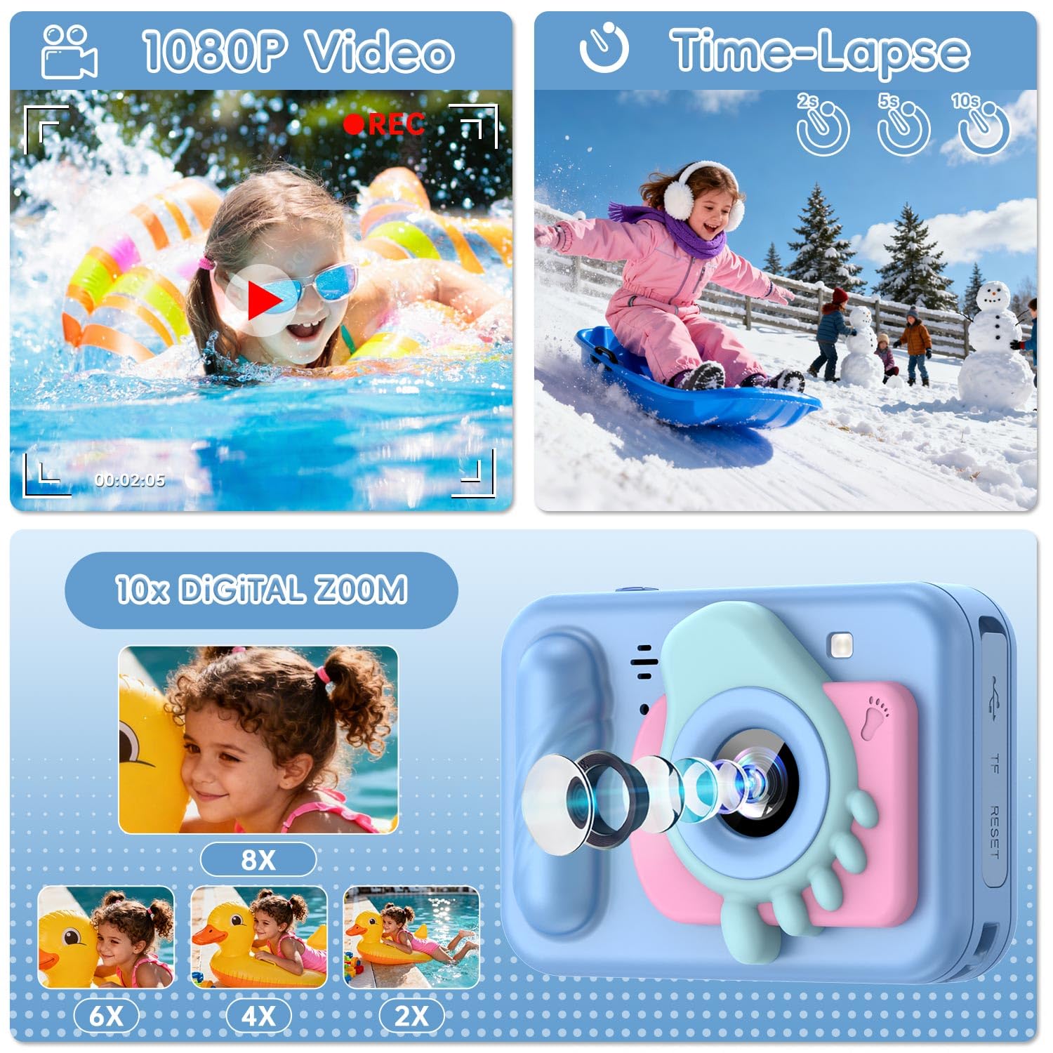 Caméra sous-marine étanche pour enfants, appareil photo numérique HD pour tout-petits avec enregistrement vidéo 1080p, cadeau d'anniversaire idéal pour garçons et filles de 3 à 12 ans avec carte de 32