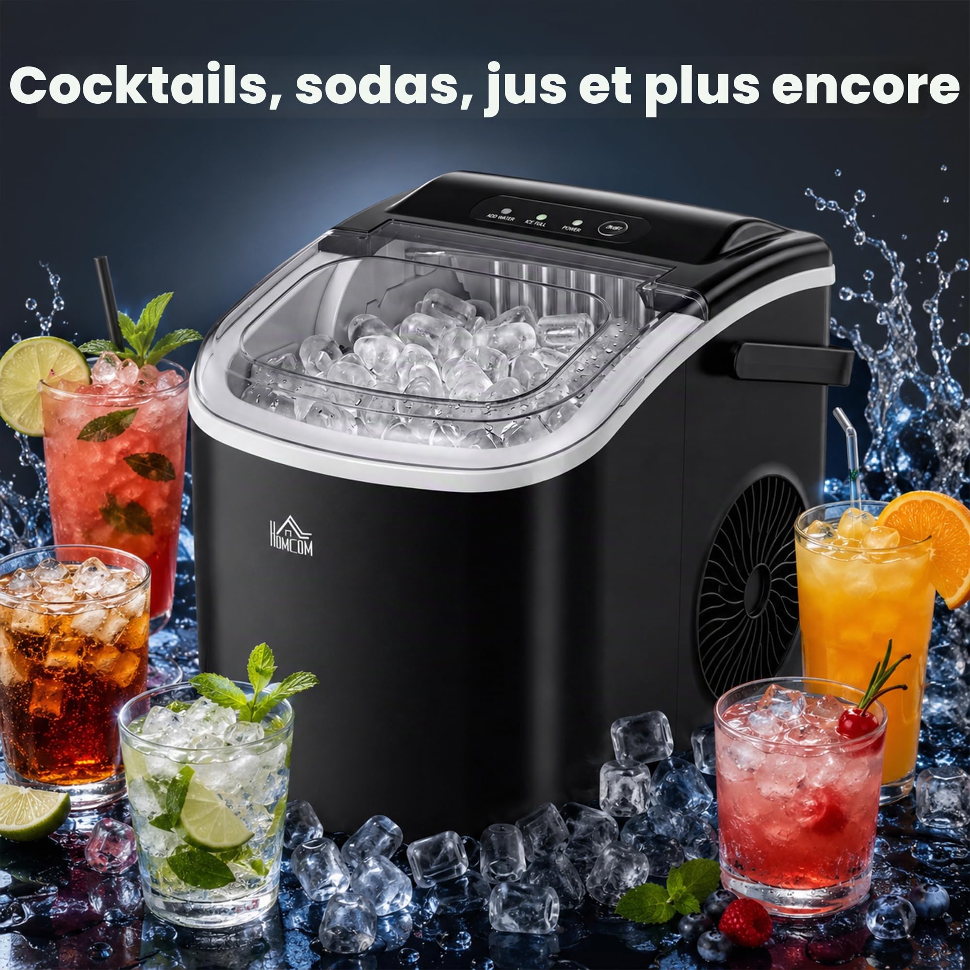 HOMCOM Machine à glaçons 12kg en 24h, 9 Glaçons en 6-12 Minutes, Noir | Ice Maker Portable avec Poignée, Panier et Pell, pour Maison, Cuisine, Bureau, Bar