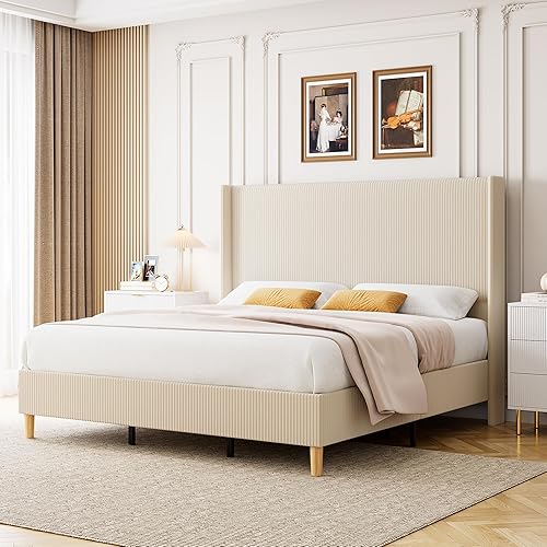 Queen Size Bed Frame, Upholstered Platform Velvet Bed Frame with Vertical Channel Tufted Wingback Headboard, Strong Wooden Slats, No Box Spring Needed, Easy Assembly, Beige