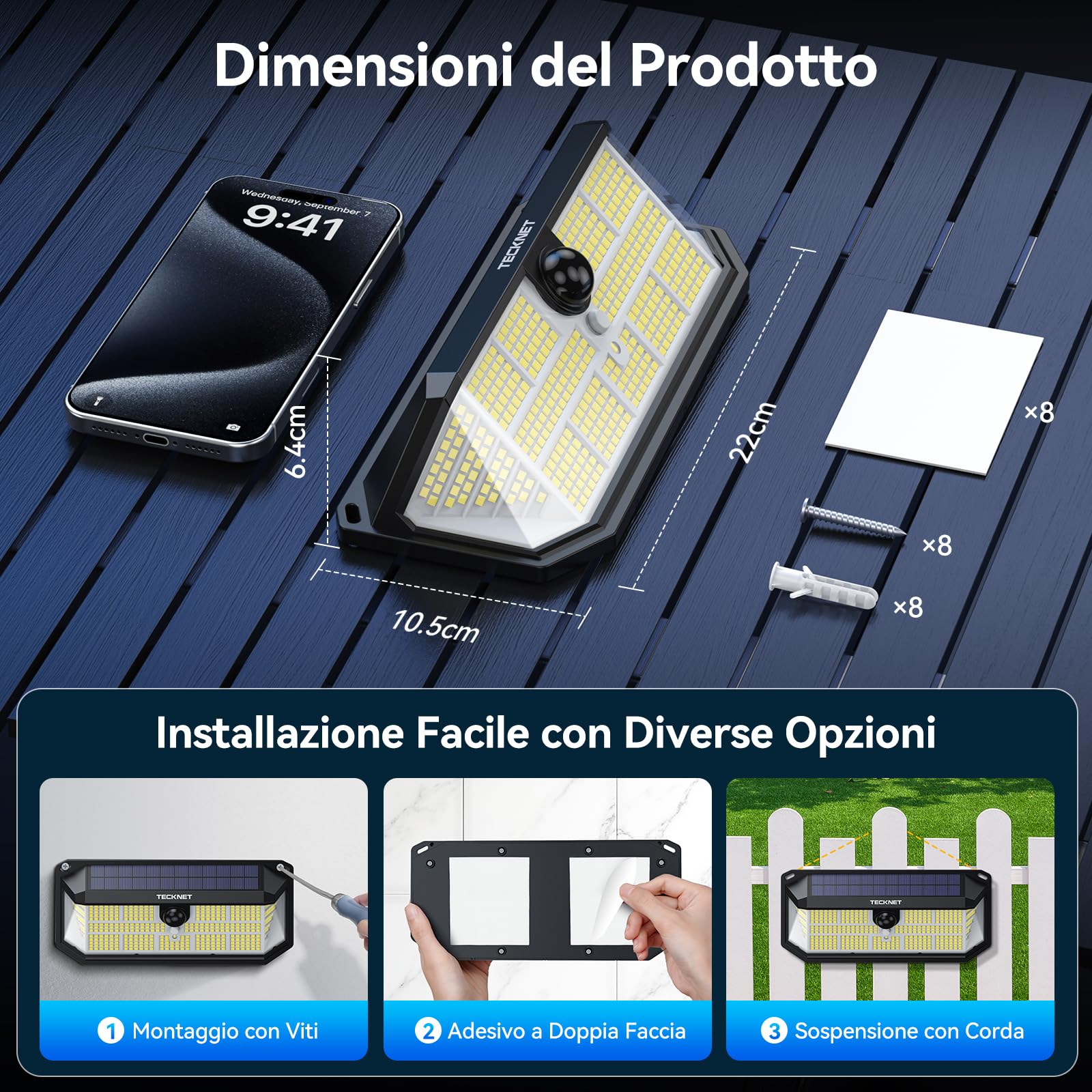 TECKNET Luce Solare LED Esterno, 495 LED, Illuminazione a 300° | Faretto LED da Esterno Solare, Impermeabile IP66, Lampada Solare da Esterno, per Giardini, Garage, Terrazze