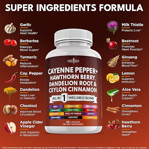 Miniatura 2 de NEW AGE Suplemento de cápsulas de pimienta de cayena con bayas de espino, raíz de diente de león, canela de Ceilán, ajo, jengibre, ACV, cardo