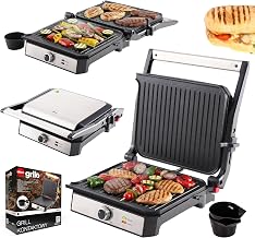 Kontaktgrill 2000W, Elektrogrill 2in1 Kontaktgrill & Tischgrill, Panini Grill mit Antihaftplatten, Temperaturregelung, Fettauffangschale, Edelstahlgehäuse, Grill für Steak, Gemüse Eldom GK200