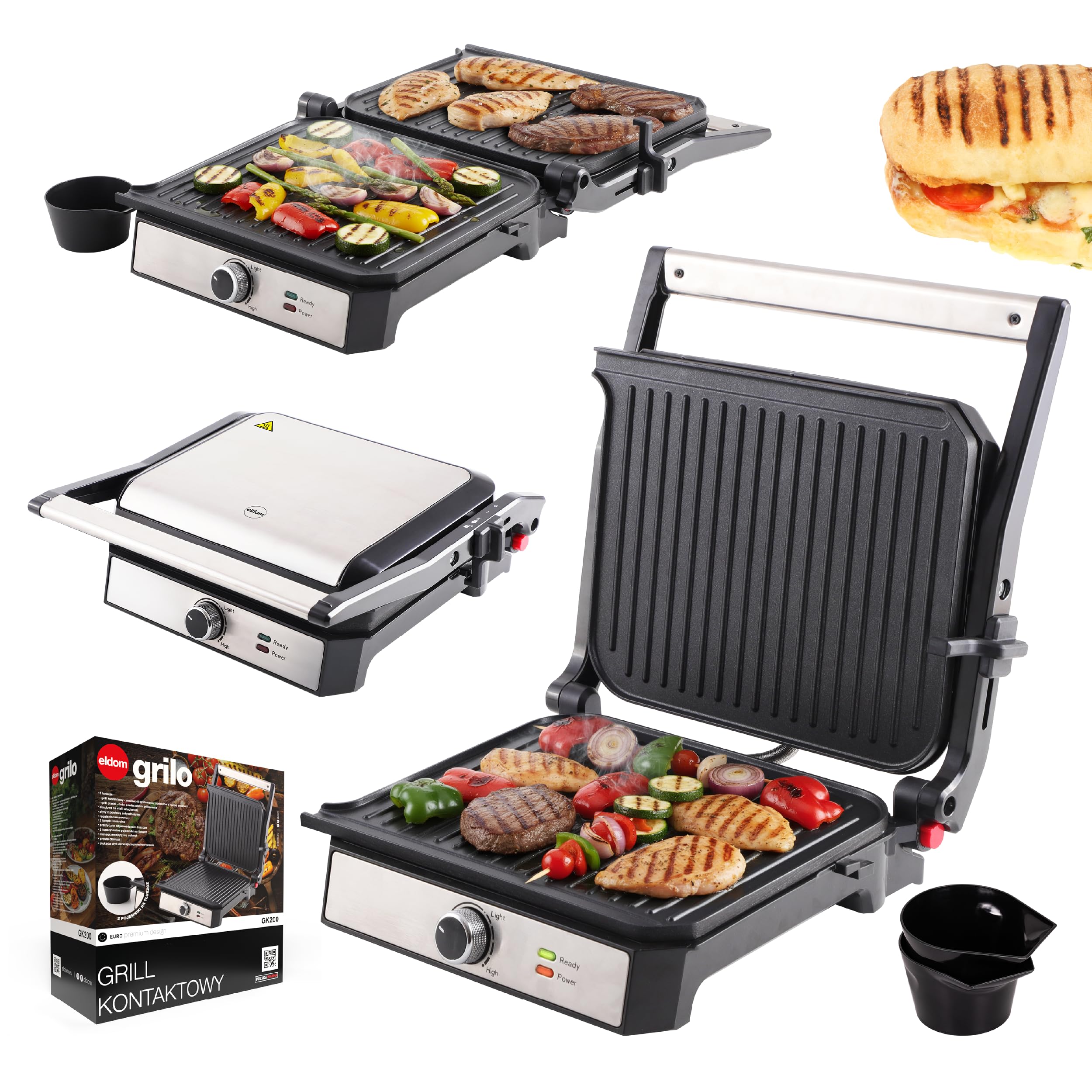 Kontaktgrill 2000W, Elektrogrill 2in1 Kontaktgrill & Tischgrill, Panini Grill mit Antihaftplatten, Temperaturregelung, Fettauffangschale, Edelstahlgehäuse, Grill für Steak, Gemüse Eldom GK200