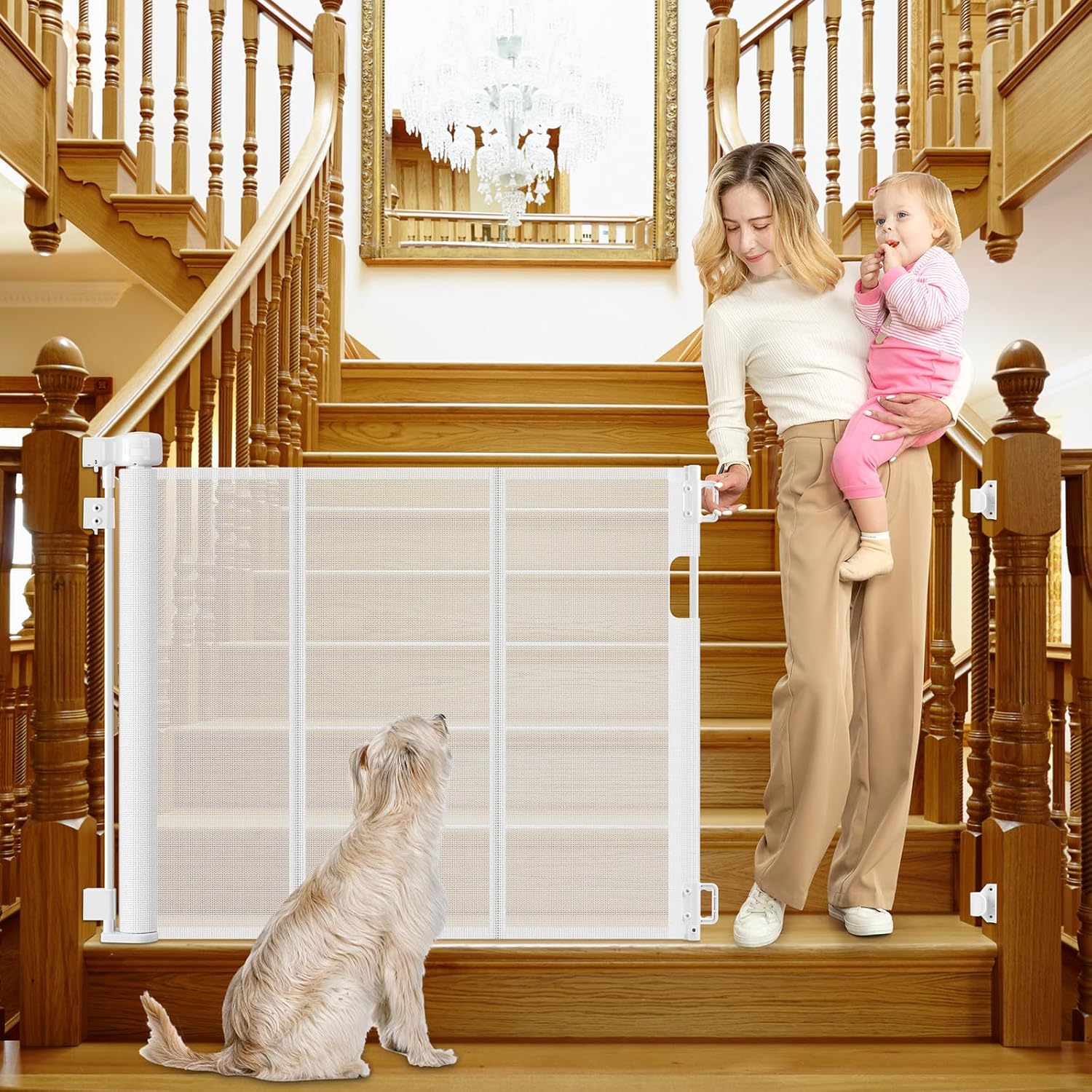 Reinforced Retractable Baby Gates for Stairs 55 Inch Reinforced Strip Baby Stair Gate Retractable Dog Gate for Stairs Retractable Gate for Stair Post, Banister to Banister, Banister to Wall, Doorway White 33" X 55" For Stair