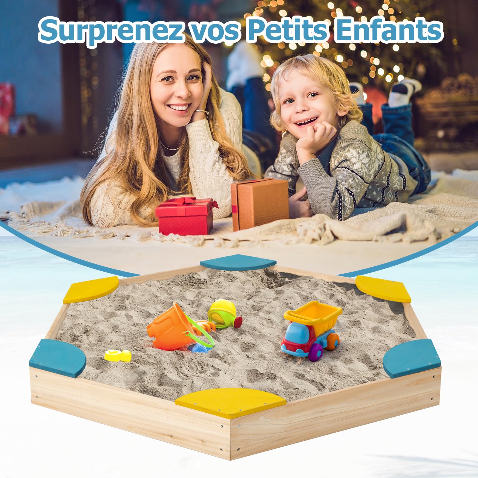 DREAMADE Bac à Sable en Bois, Boîte à Sable Enfants avec Sièges, Bac à Sable Extérieur pour Jardin, Plage, Pelouse (Hexagone Jaune)