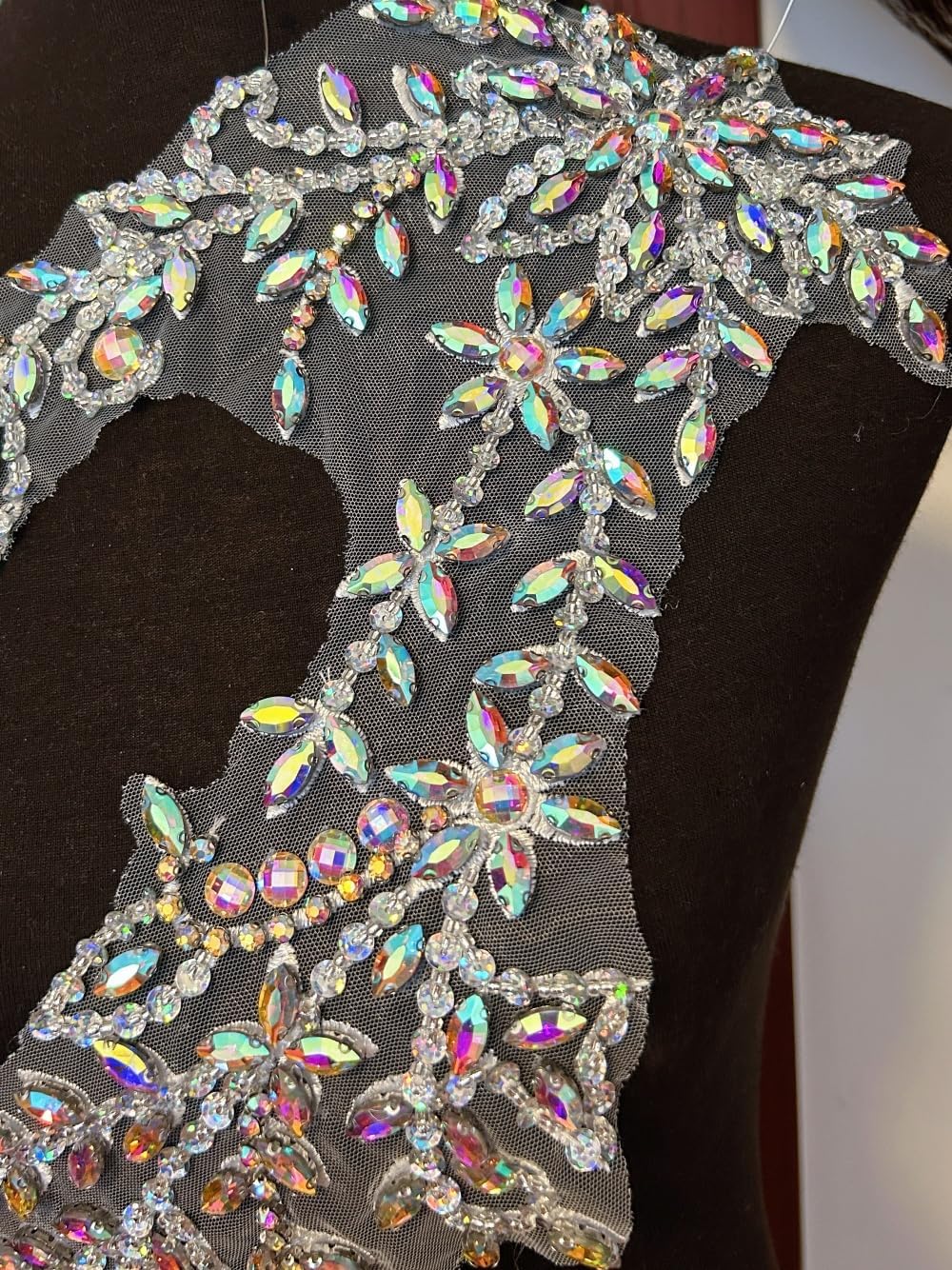 Lace Appliques Patches Glass Acrylic Rhinestoens Sewing for Wedding Dress Sew on Clothing Prom Costumes Gown Designer DIY Front Bodice Decorations (AB), ymal-388