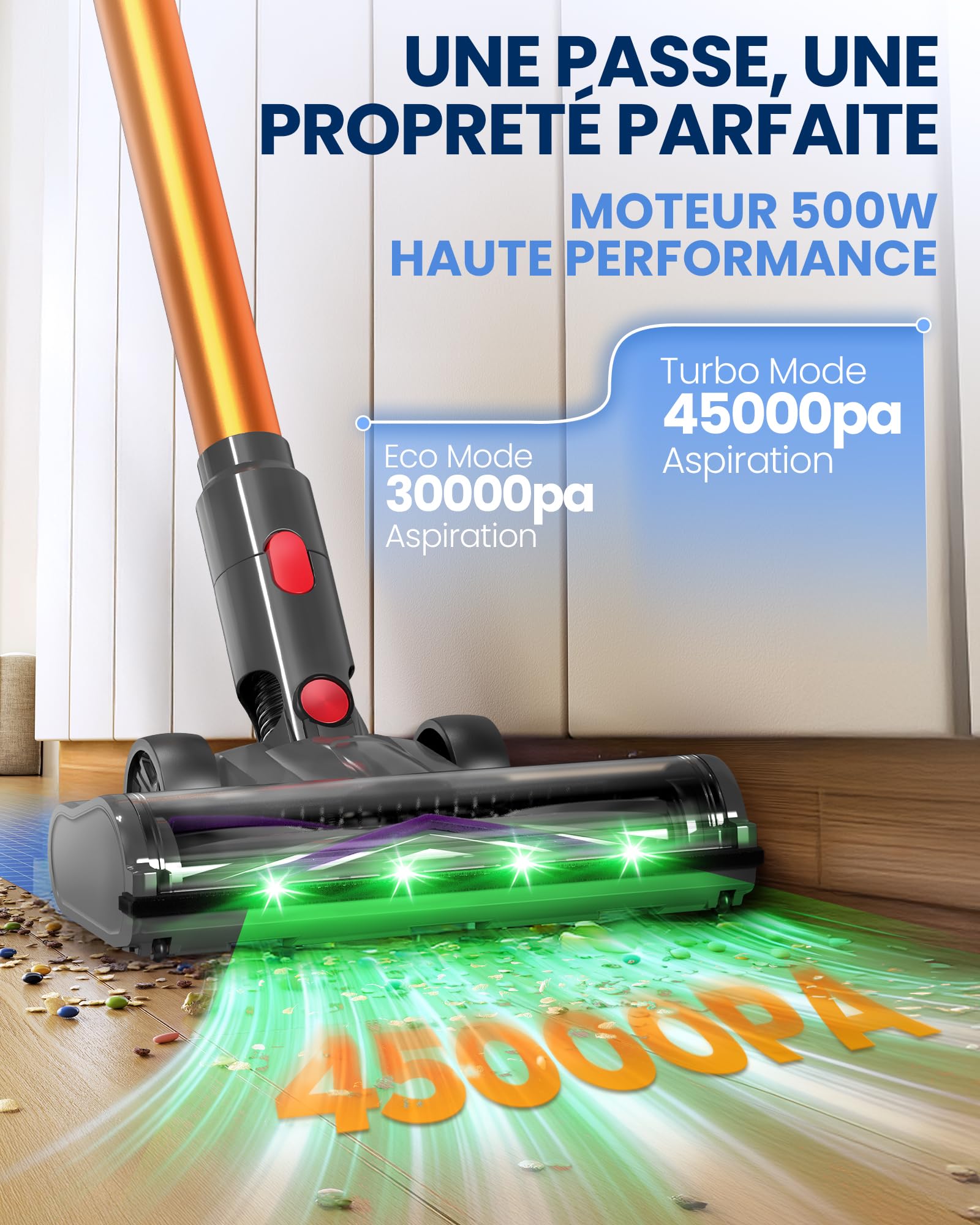 DP2 Aspirateur Balai Sans Fil À Double Batterie, 45KPa/60Min/500W, Affichage LED, Tube Télescopique, Autoportant, Lumière Greeneye, pour Nettoyage Maison, Poils D'animaux, Moquettes et Sols Durs
