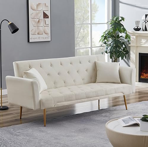 Miniatura 3 de Sofá cama futón de terciopelo de 72 pulgadas, sofá cama plegable convertible, moderno sofá biplaza reclinable copetudo con patas cromadas doradas